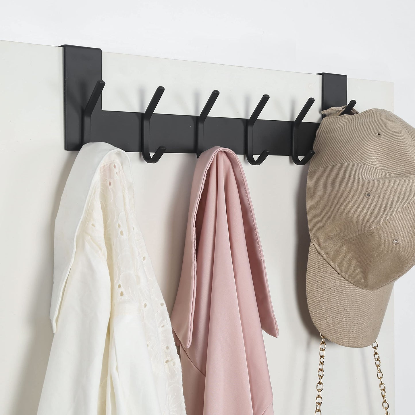 SKOLOO Over The Door Hooks for Hanging Coats Towel Key Clothes - 6 Hooks, Over The Door Towel Rack for Bathroom, Stainless Steel Over Door Coat Hook (Square, Black)