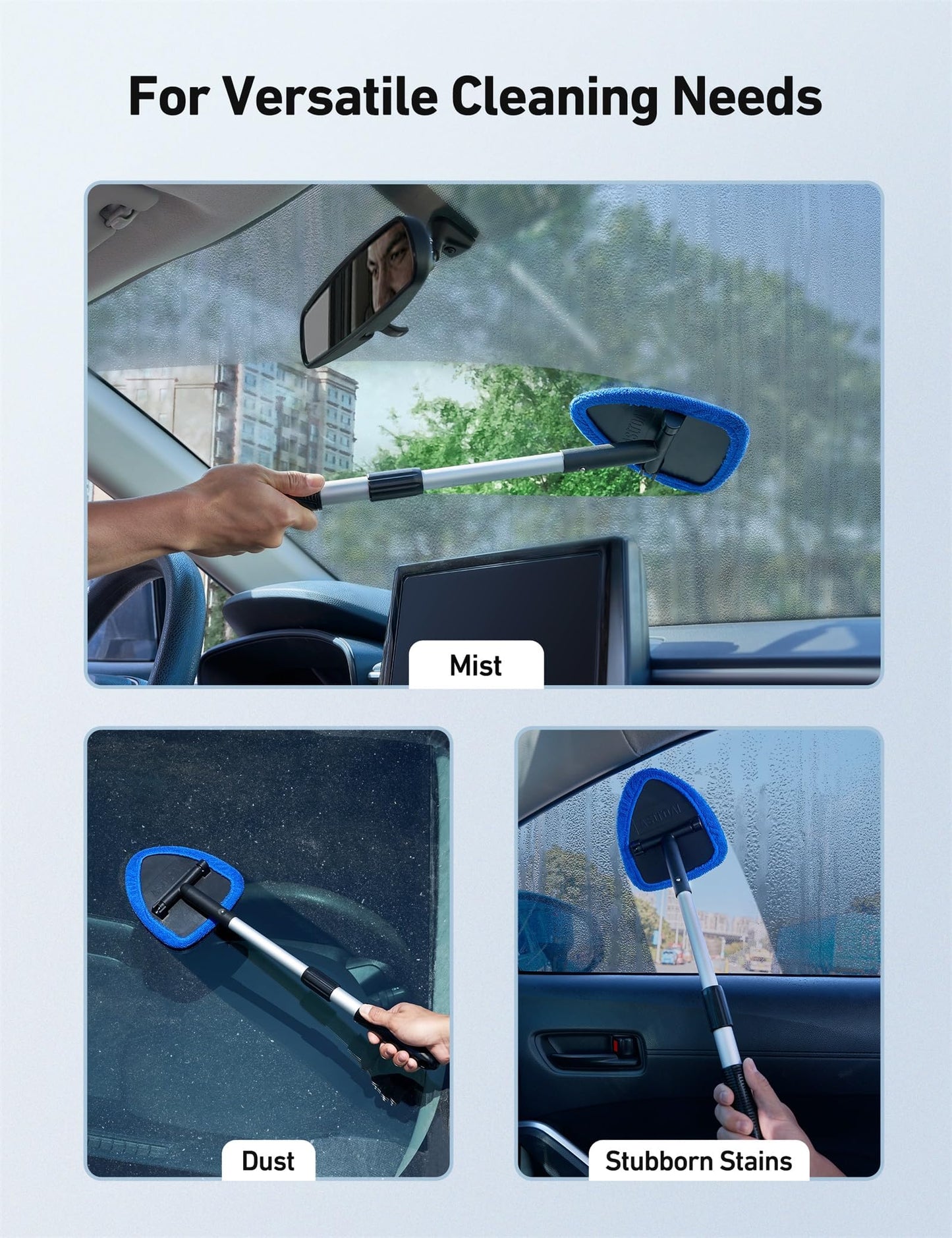 AstroAI Car Windshield Cleaner Tool, Car Window Cleaner with Extendable Handle, Windshield Cleaning Tool, 4 Reusable and Washable Microfiber Pads