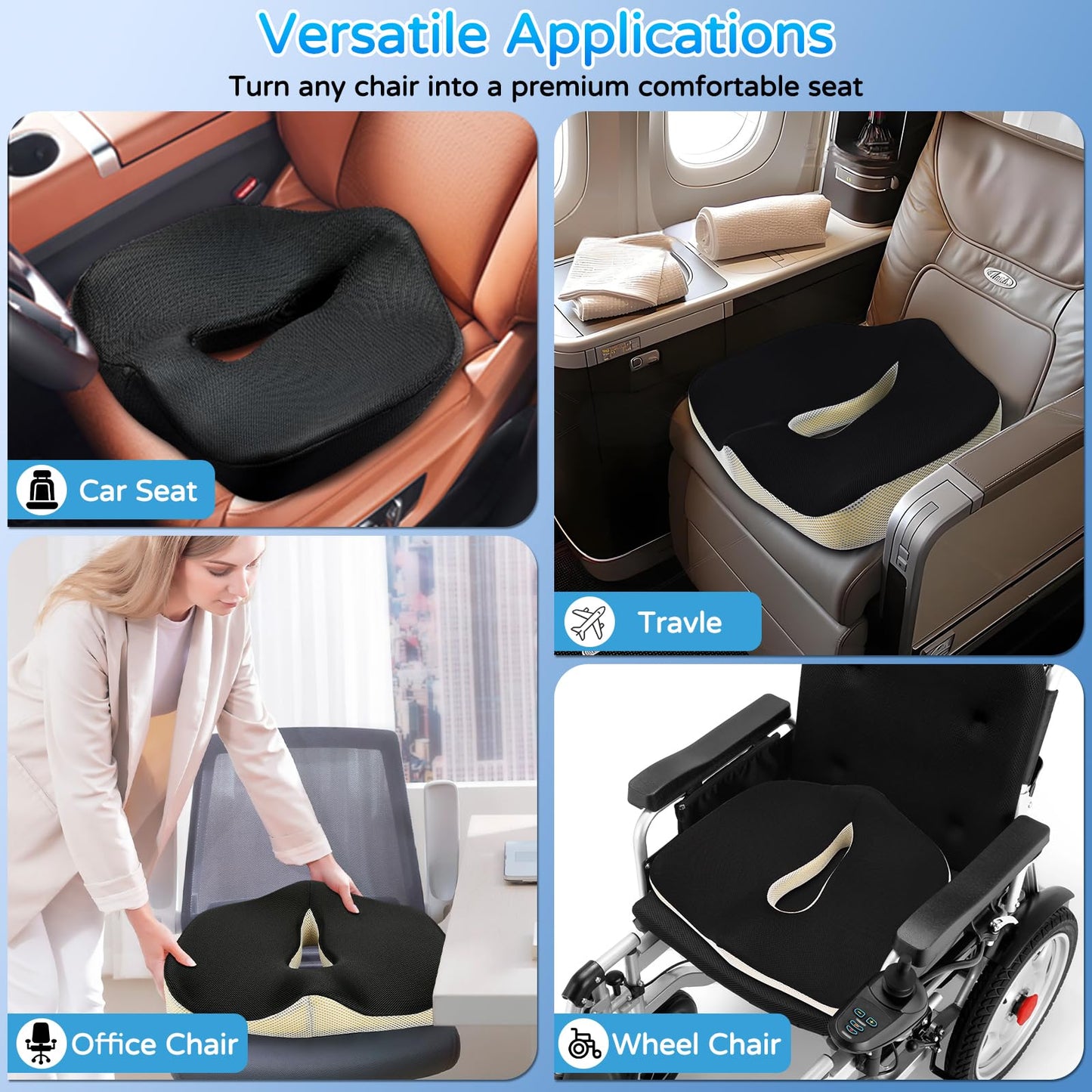 Seat Cushion for Long Sitting - Memory Foam Chair Pad Cushion for Tailbone, and Low Back Pain Relief - Non-Slip Seat Cushions for Office Chairs Wheelchair Car Seats,Black