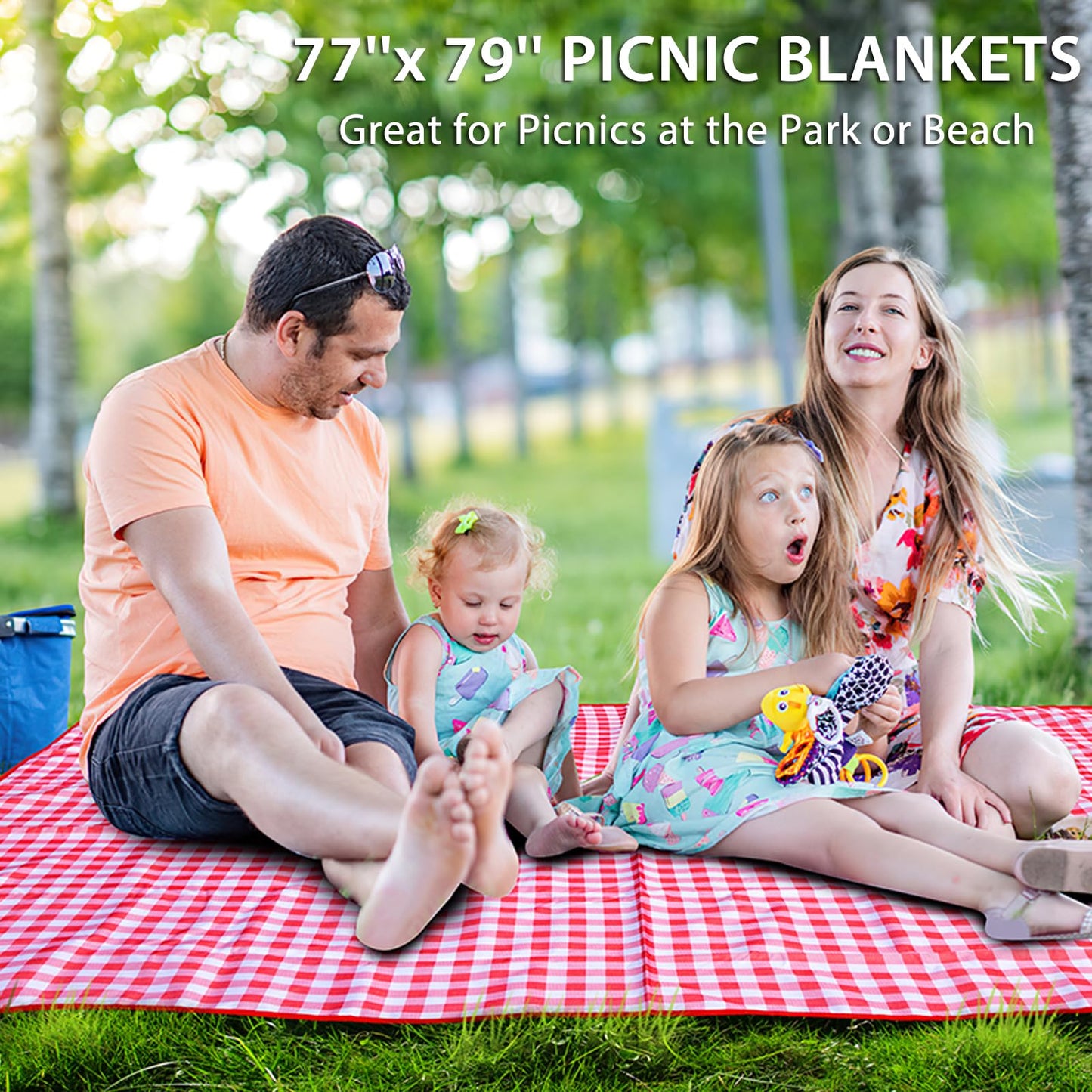 BARTHKIT Extra Large Outdoor Picnic Blanket, 79"x79" Waterproof Picnic Mat, Sandproof Beach Blanket Portable Camping Blanket Lightweight for Camping Beach Park Courtyard, Red & White Grid