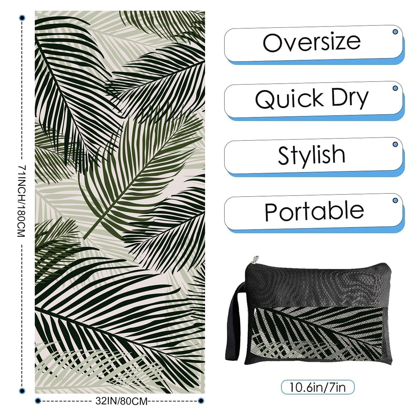 Beach Towel, 71"x32" Double Sided Oversized Microfiber Beach Towel for Adult, Lightweight Extra Large Quick Drying Towel for Swimming Sports Beach Gym