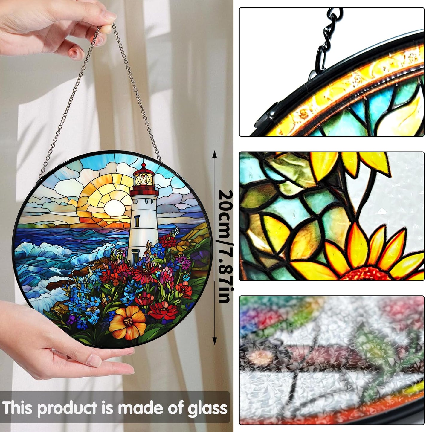 Bimkole Lighthouse Stained Glass Suncatcher Window Hanging - Landscapes Design for Indoor Window or Doorway Decoration - 7.87x7.87 inch with Chain and Hook - Unique Home Decor Gift