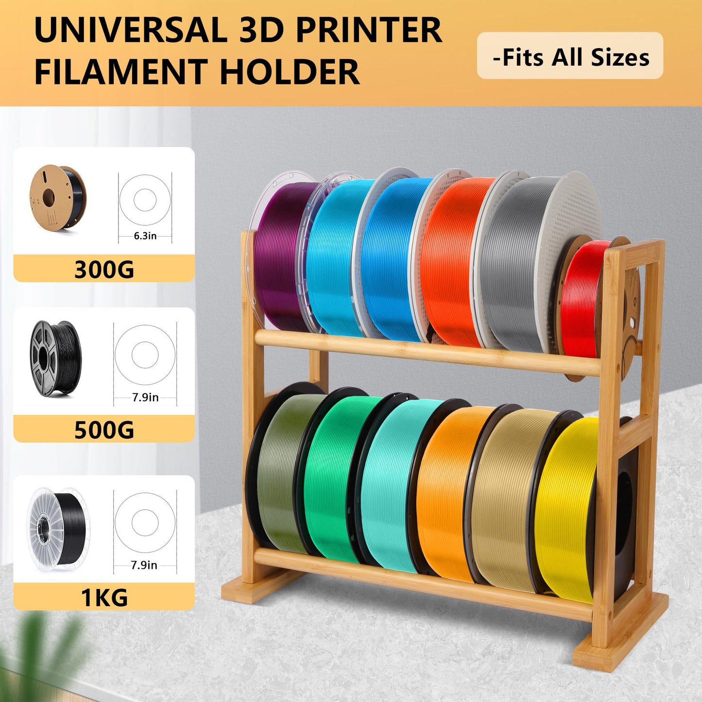 Onemacc 3D Printer Filament Storage Rack Desktop, Wooden 3D Printer Filament Spool Holder Stand, 2 Tier 3D Printer Filament Organizer for PLA/ABS/TPU - for 12 Roll Pac