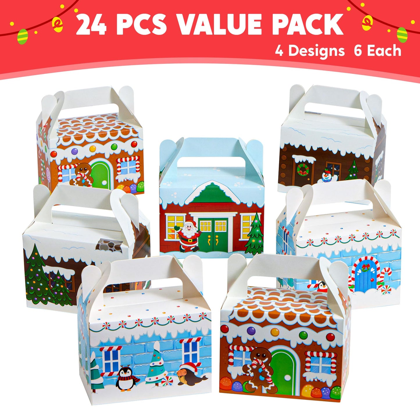 JOYIN 24 PCS 3D Christmas House Cardboard Treat Boxes for Holiday Xmas Goody Gift, Goodie Paper Boxes, School Classroom Party Favor Supplies, Candy Treat Cardboard Cookie Boxes
