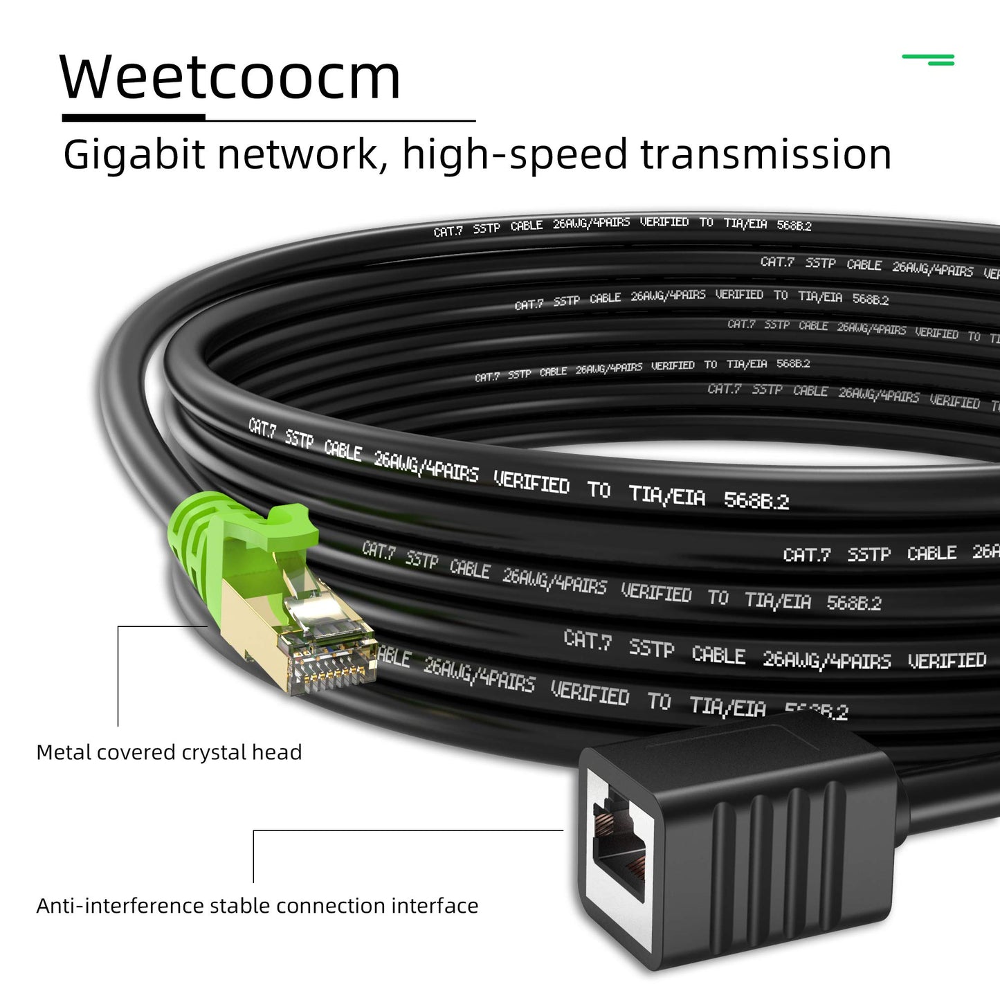 Weetcoocm Ethernet Extension Cable 25ft, Network Cat6a Extension Patch Cable RJ45 Cords Shielded Male to Female Connector (25FT)