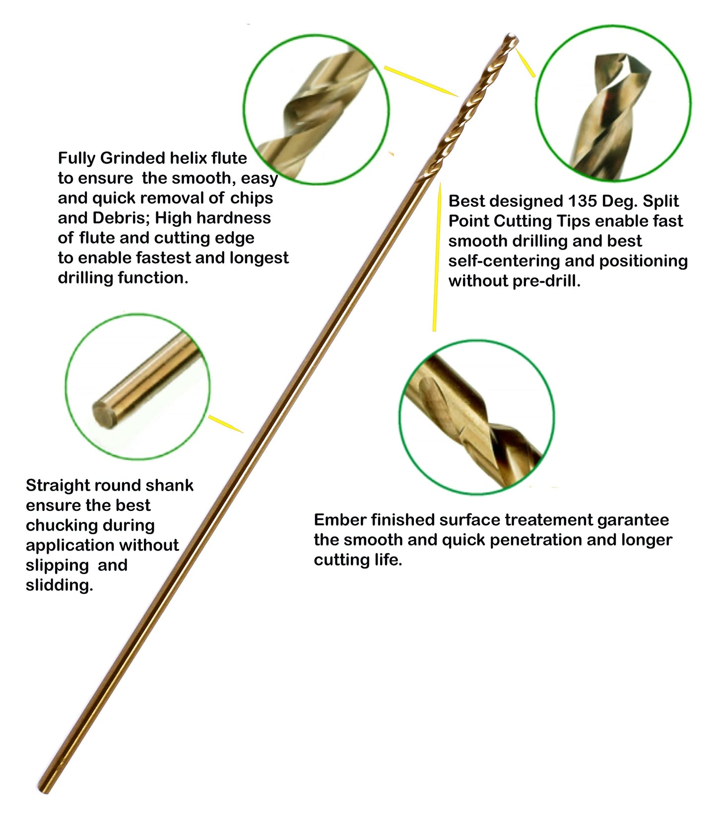 Hss Cobalt Drill Bit Set 3/16 in. x 6 in. Aircraft Extension Extra Long Deep Hole Drilling-5Pcs