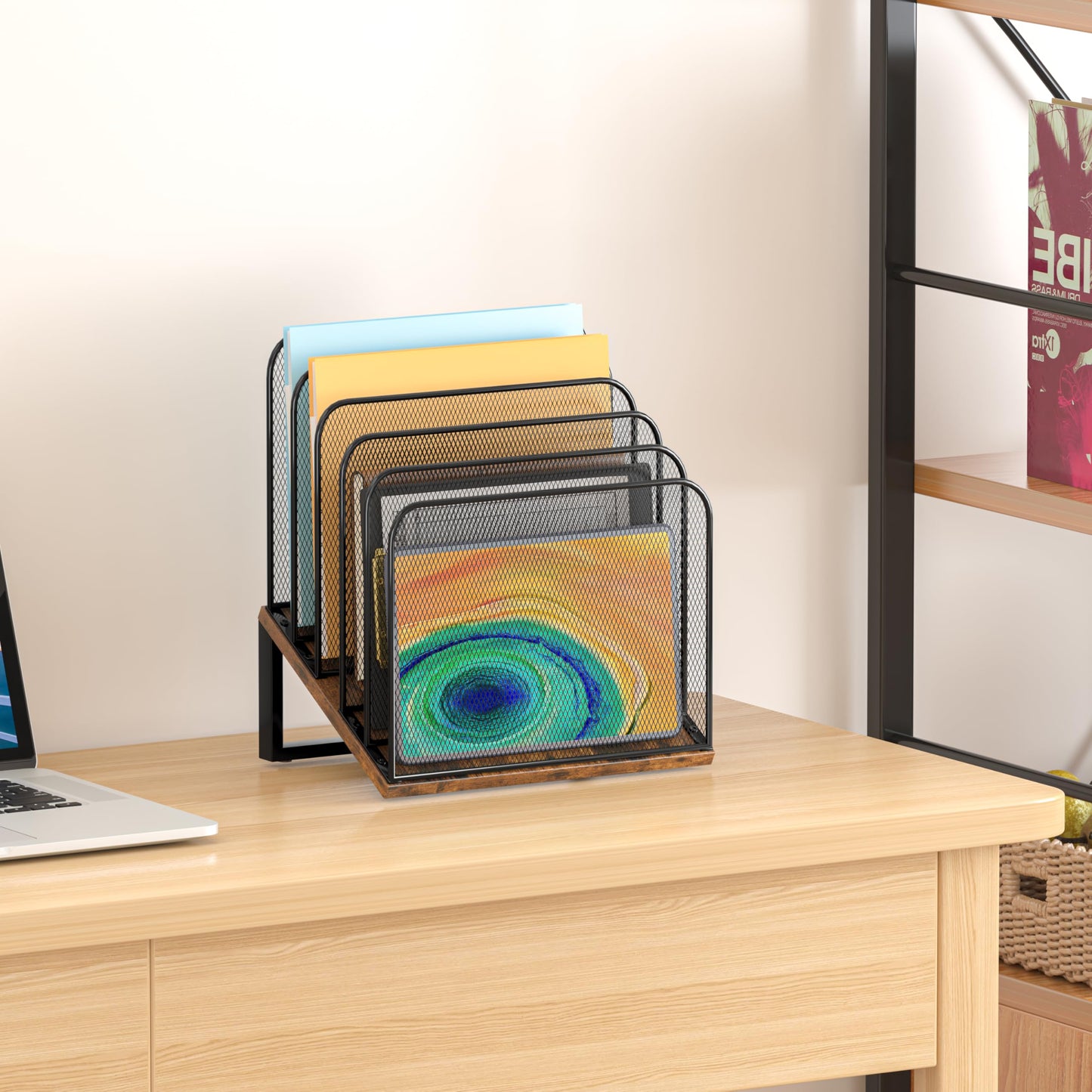 Piskyet Vertical File Organizer, 5-Section Vertical File Folder Holder Stand,Metal Mail Paper Chromebook Organizer for Teacher Desk Office Classroom Desktop Organization(Inclined)