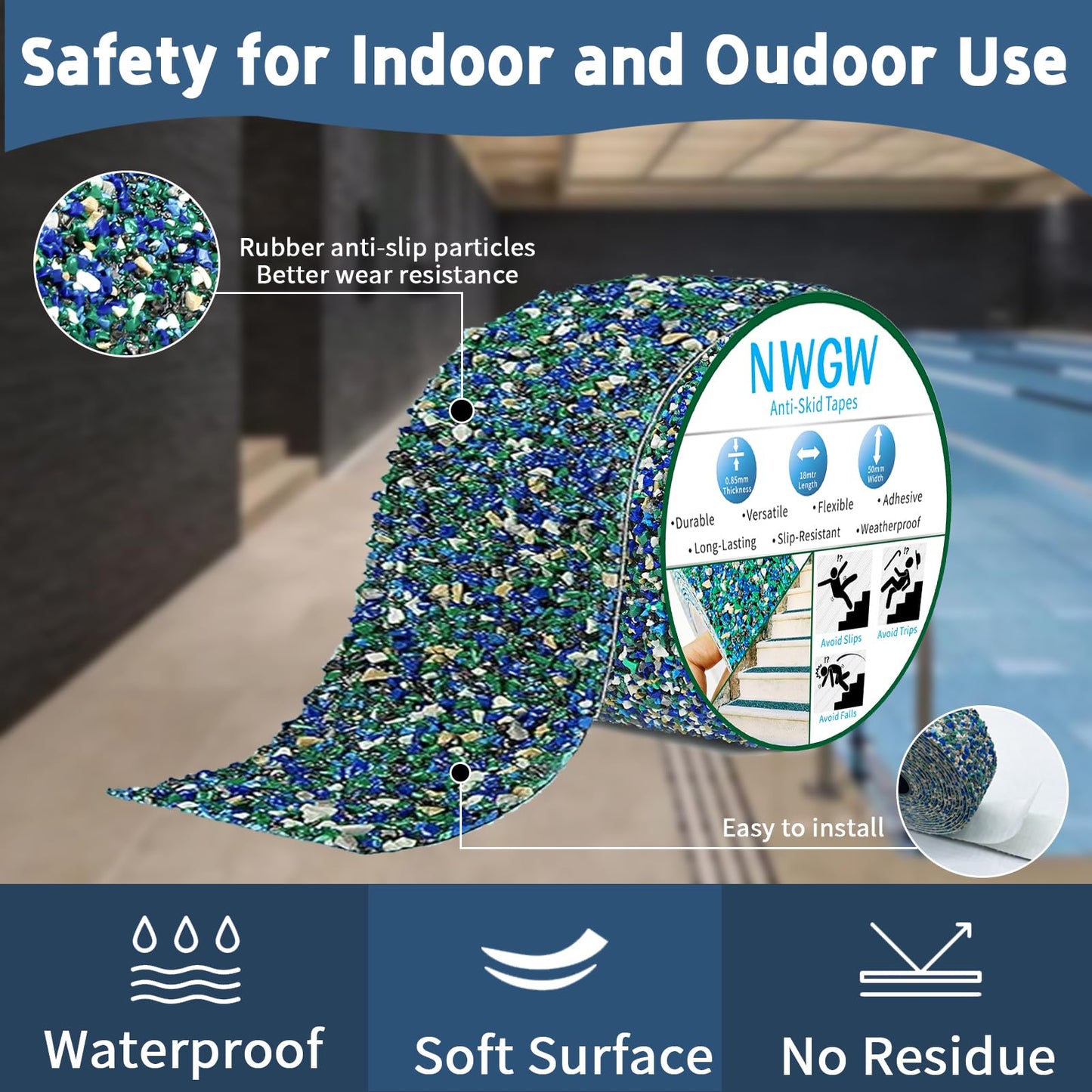 NWGW Heavy Duty Anti Slip Tape 4" x15FT Blue Grit Rubber Grip Tape for Stairs, Pool, Bathroom & Outdoor Safety | Waterproof Non-Slip Traction Strips Indoor/Shower/Trail