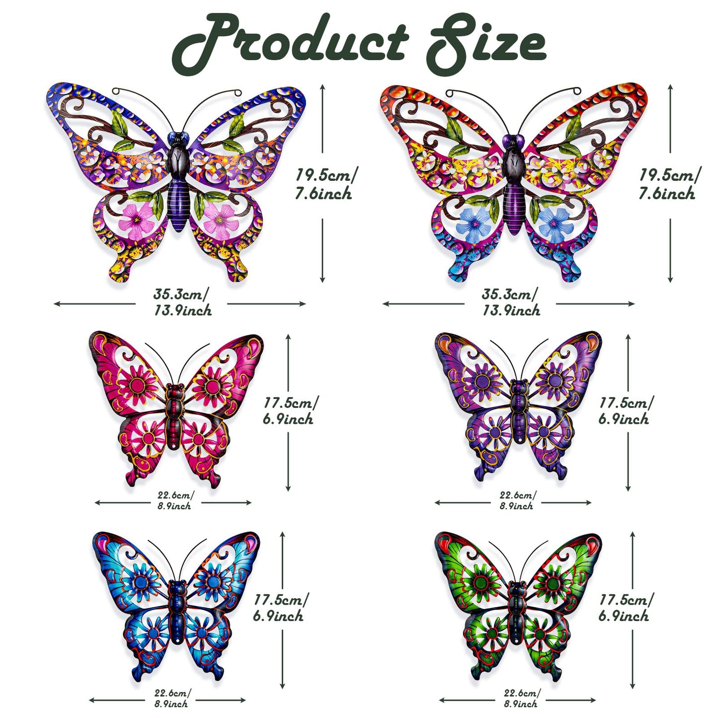 6Pcs Metal Butterfly Wall Decor, 14Inch/9Inch Outdoor Butterfly Wall Art for Fence Garden Yard Room Patio Balcony Decorations