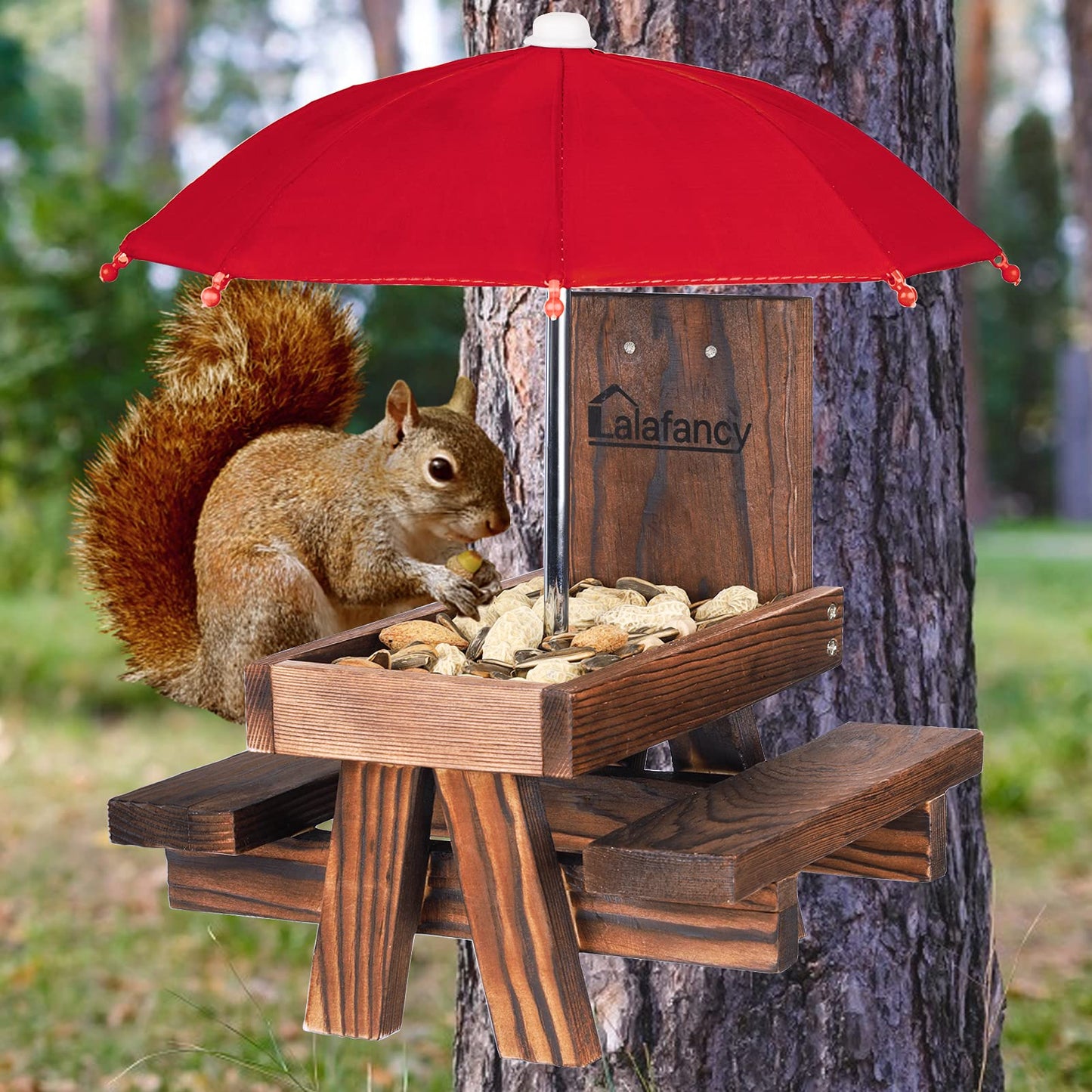 Squirrel Feeder Picnic Table with Umbrella, Lalafancy Carbonized Wood Squirrel Feeder for Outside Funny Chipmunk Feeder with Corn Cob Holder Structure Solid for Squirrel Gift