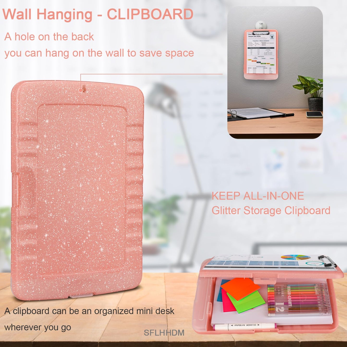 SFLHHDM Glitter Clipboard with Storage,A4 Clip Boards 8.5x11 with Pen Holder,Storage Clipboard with Low Profile Clip,Side Opening Sparkle Clipboards,Clipboards Folder for Office(Pale Pink)