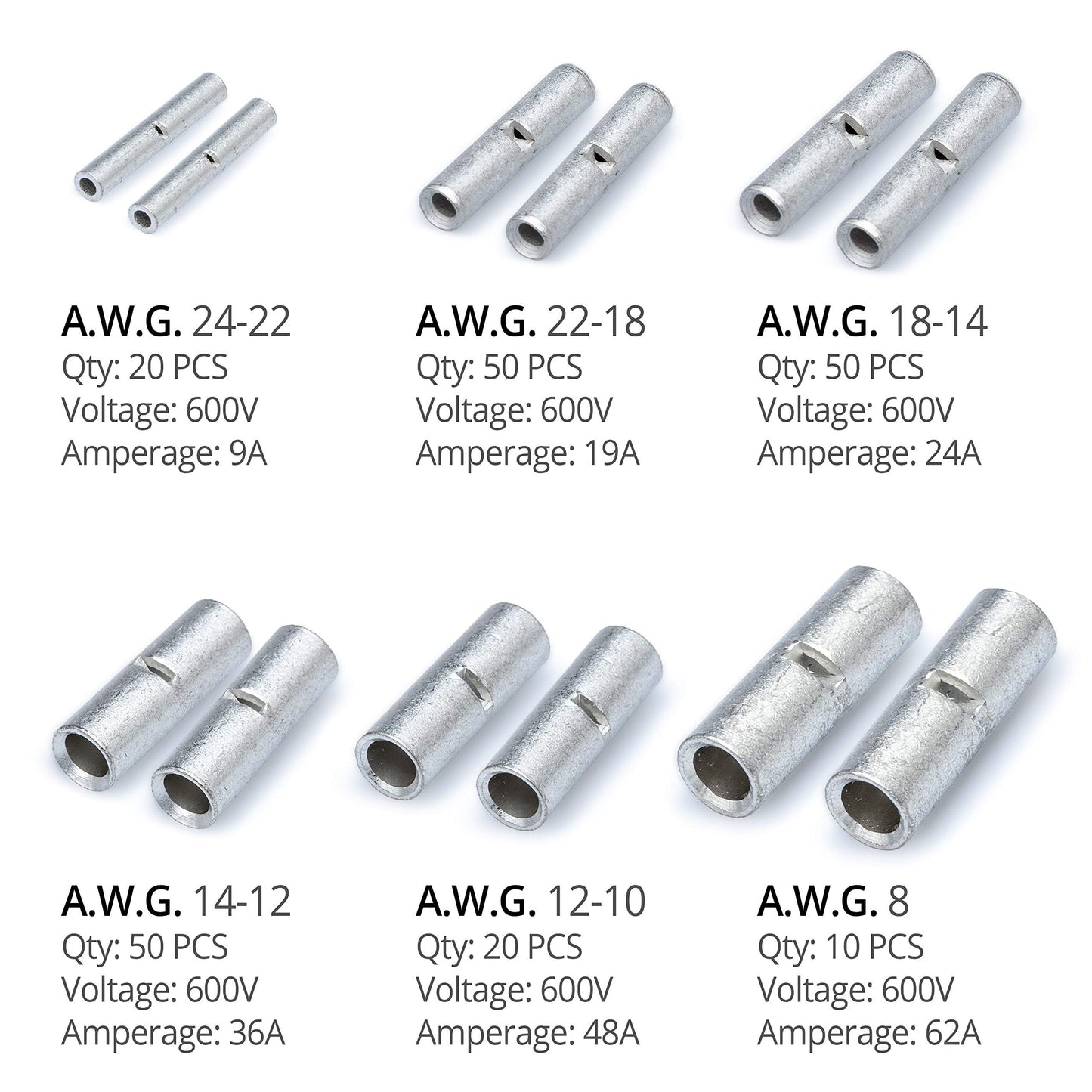 Wirefy 200 PCS Non Insulated Butt Connectors Kit - Butt Splice Connectors - Uninsulated Crimp Wire Connectors - 24-8 AWG