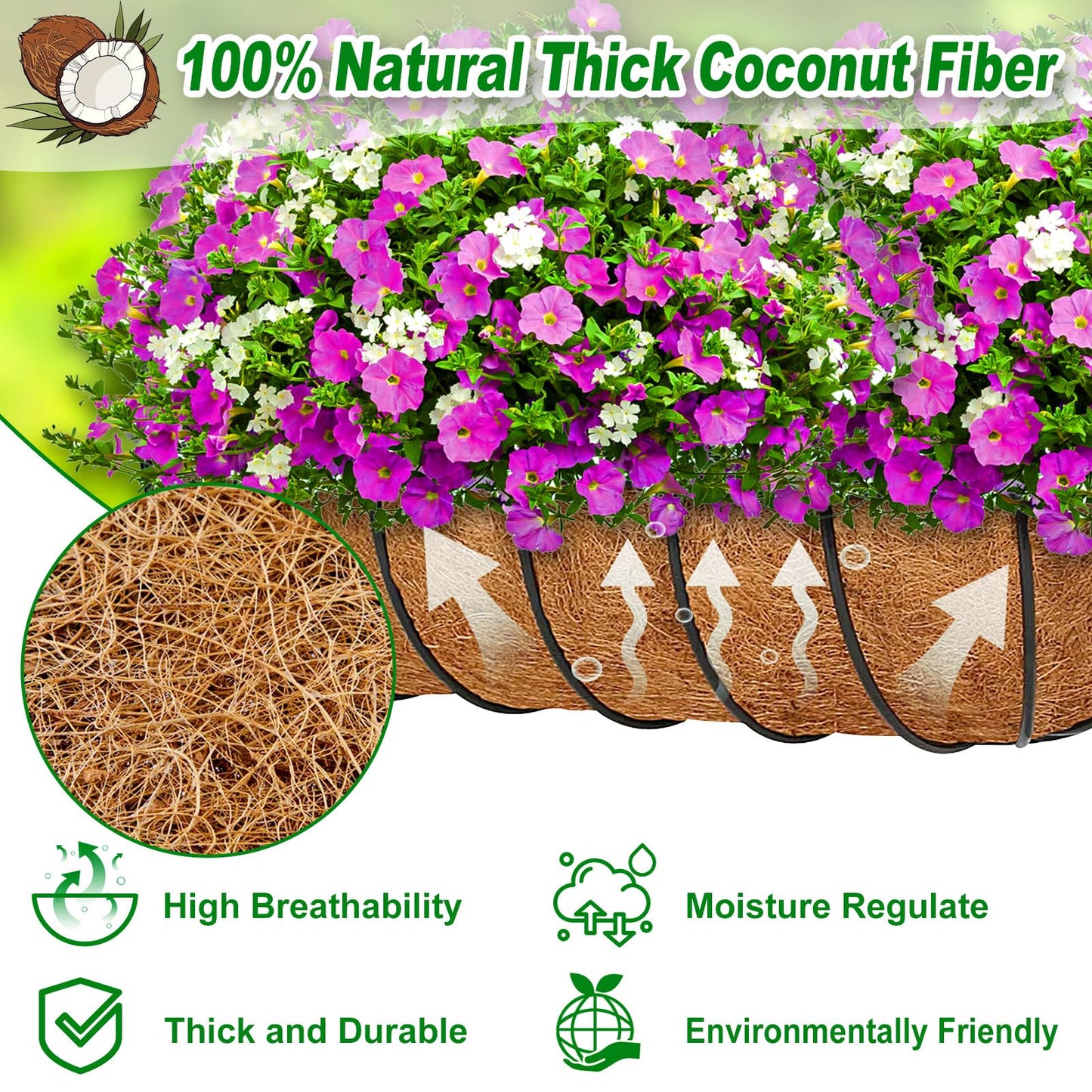 Remiawy Coco Liners for Planters 30 Inch, 2 Packs Natural Coconut Fiber Coir Flower Basket Window Box Liners, Trough Planter Insert for Outdoor Plant Large Pots Garden Fence Decoration