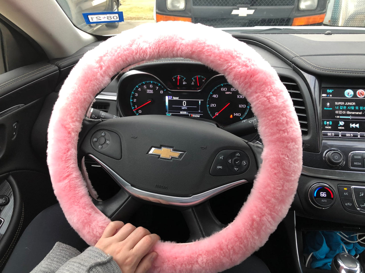 Andalus Brands Fluffy Wool Sheepskin Steering Wheel Cover, Soft & Fuzzy Plush, Universal Fit 14 1/2-15 1/2 Inch, Anti-Slip, Comfortable & Luxurious (Pink)