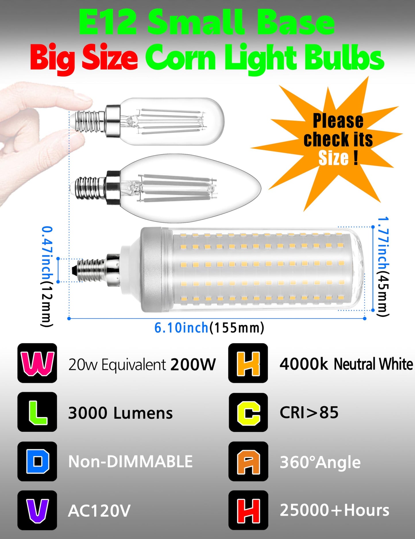 E12 200W Equivalent LED Candelabra Corn Light Bulbs,4000K Natural White, 3000 Lumen T6 E12 20W LED Chandelier Light Bulbs for Ceiling Fan Pendant Lighting Desk Lamp, Non-dimmable, 2 Pack