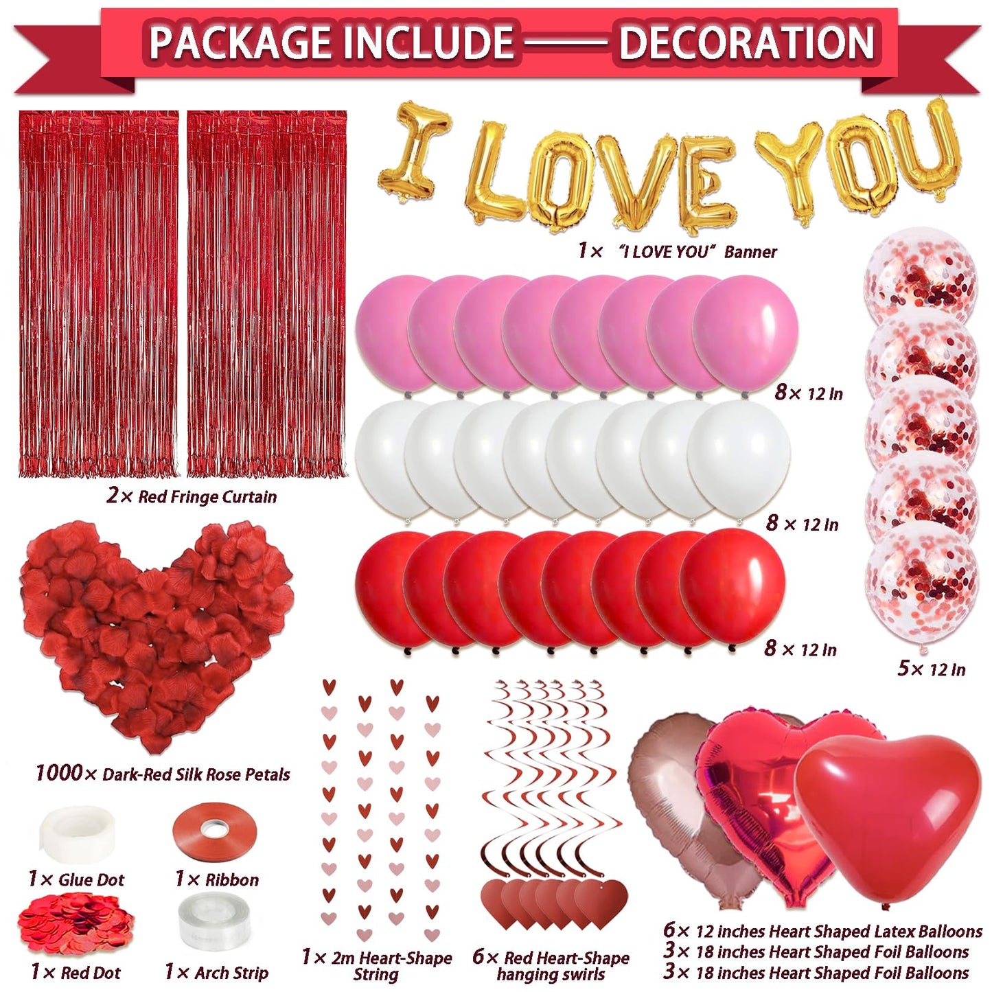 72 Pcs Valentines Day Decor Kit, Happy Anniversary Decorations - Balloon Set, 1000 Pcs Dark-Red Rose Petals, "I LOVE YOU" banner, Multi Decors For Romantic Decorations Special Night