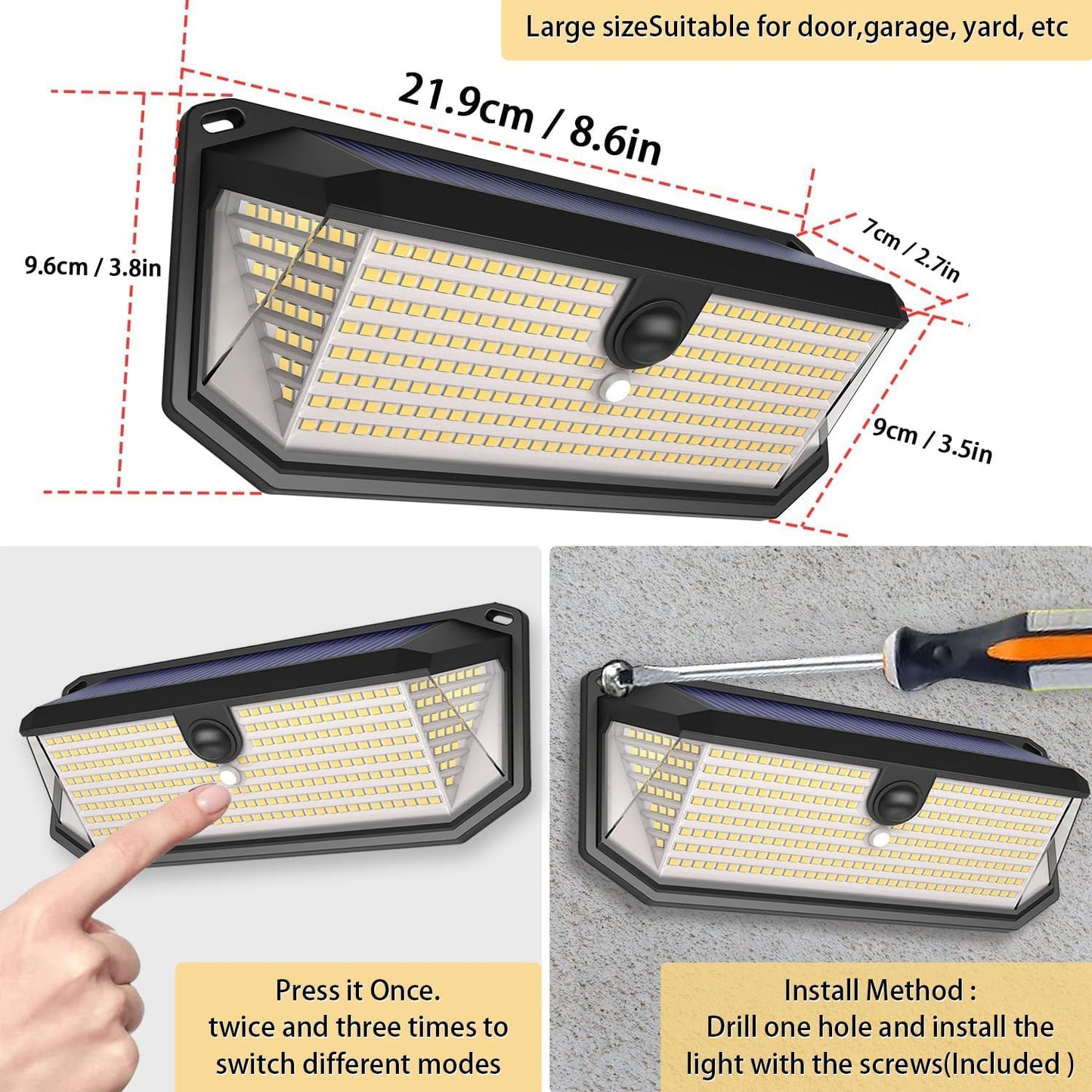 SyouHome Solar Motion Sensor Lights Outdoor, 4000LM 380 LED Solar Lights Outdoor, IP65 Waterproof 3 Modes 270° Wide Angle Solar Security Lights for Yard, Garage, Garden, Deck(2 Pack)
