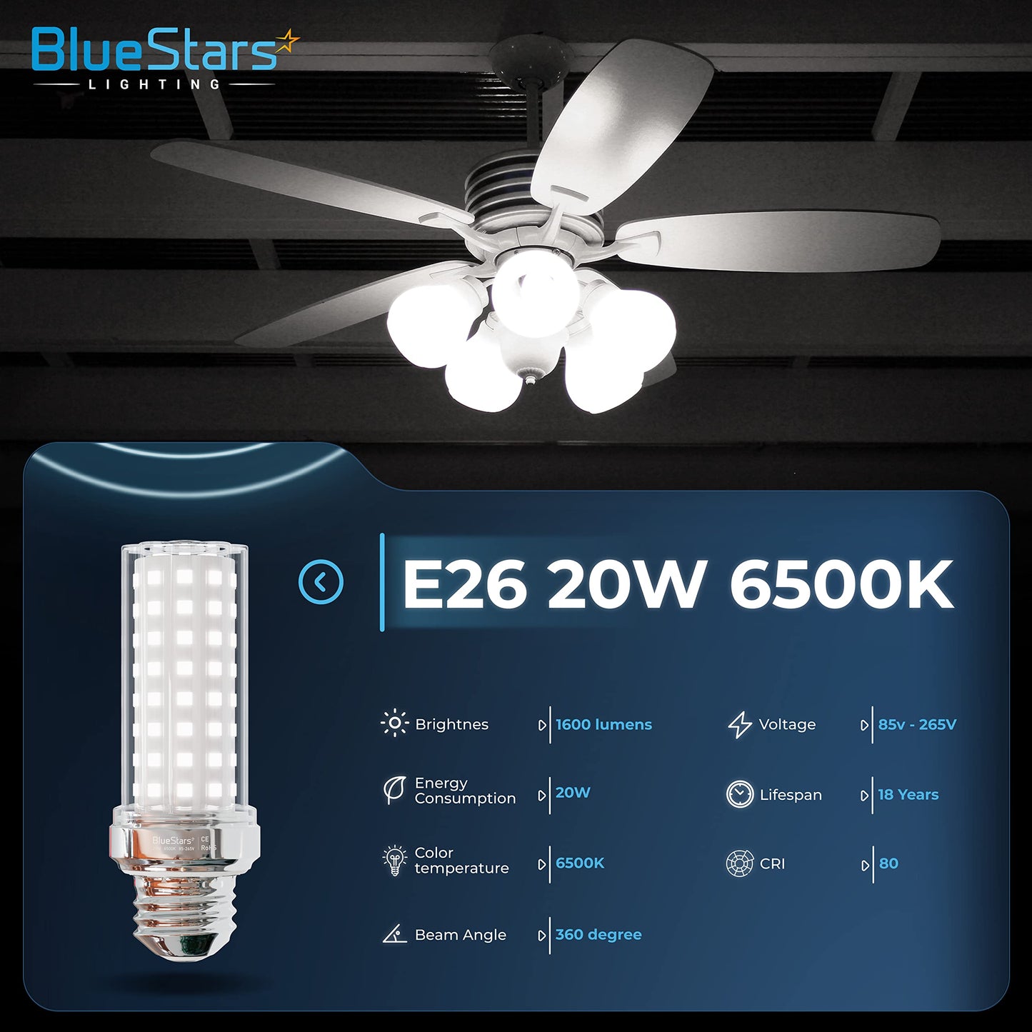 BlueStars 4 Packs E26 LED Corn Light Bulbs 20W Super Bright, 150W Led Corn Cob Light, 6500K Daylight White, 1600 lumens, Non-dimmable for Home Garage Warehouse Commercial & Large Area Lighting