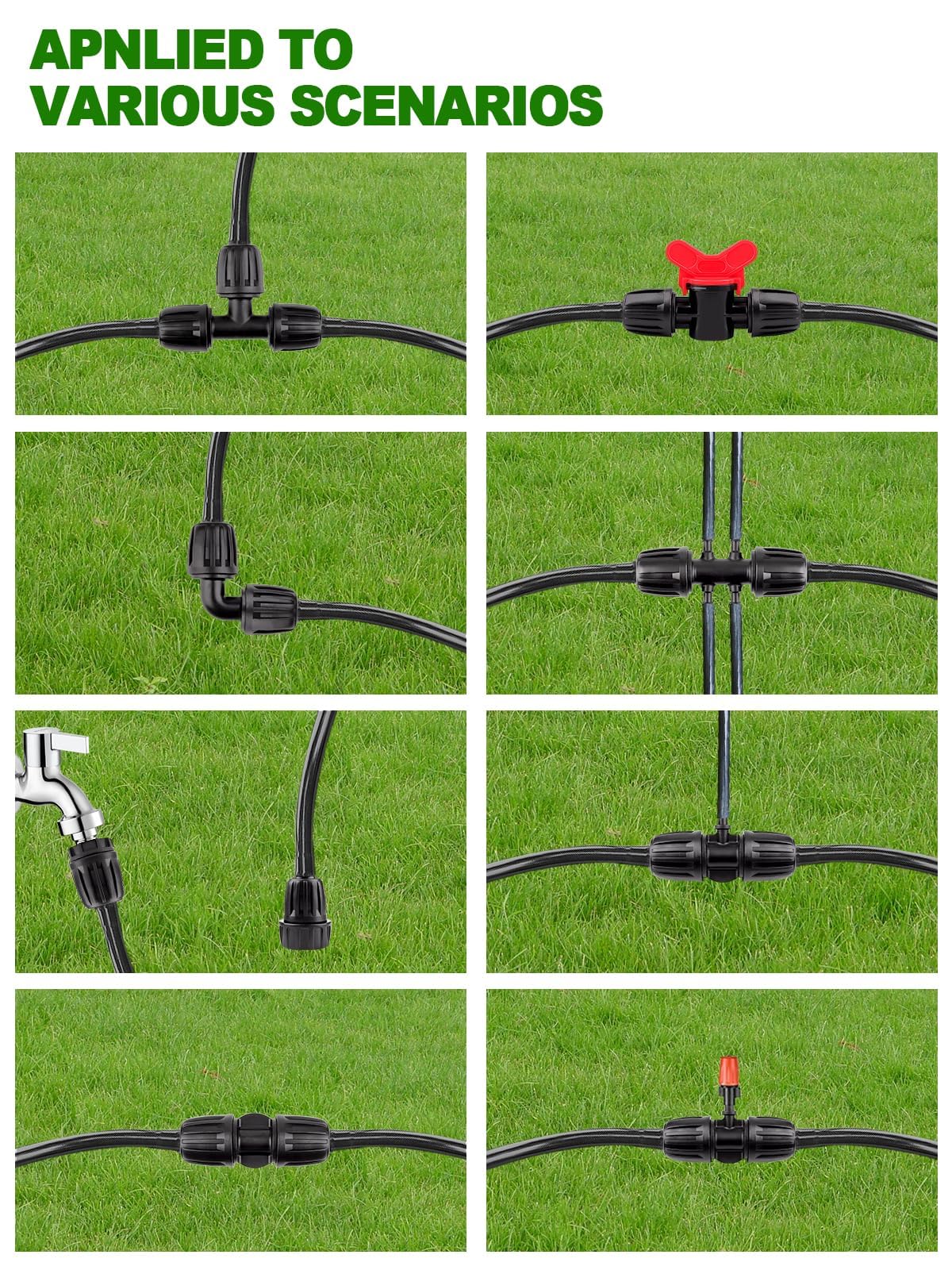 24 Pcs 1/2 inch Tubing Irrigation Fittings Kit, Kalolary Barbed Locked Connectors for Garden Lawn Drip Irrigation System(Switch Valves, T Connectors, Tees, Elbows, Ends, 1/2" to 1/4" tubing Reducers)