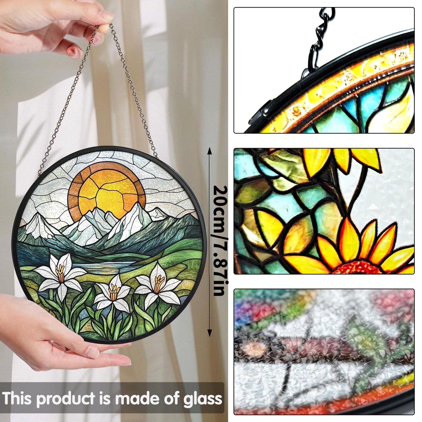 Bimkole Sun Mountain Stained Glass Suncatcher Window Hanging - Flowers Indoor Window or Doorway Decoration - Handmade Sun Catcher Decor for Garden Home Christmas & Birthday Gifts 7.87x7.87 Inch