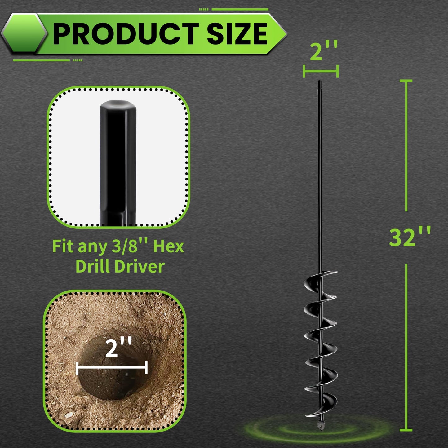 SYITCUN Auger Drill Bit for Planting, 2"x32" Heavy Duty Garden Auger, Post Hole Digger & Bulb Planter Tool, Black Earth Auger for 3/8" Hex Drive Drill