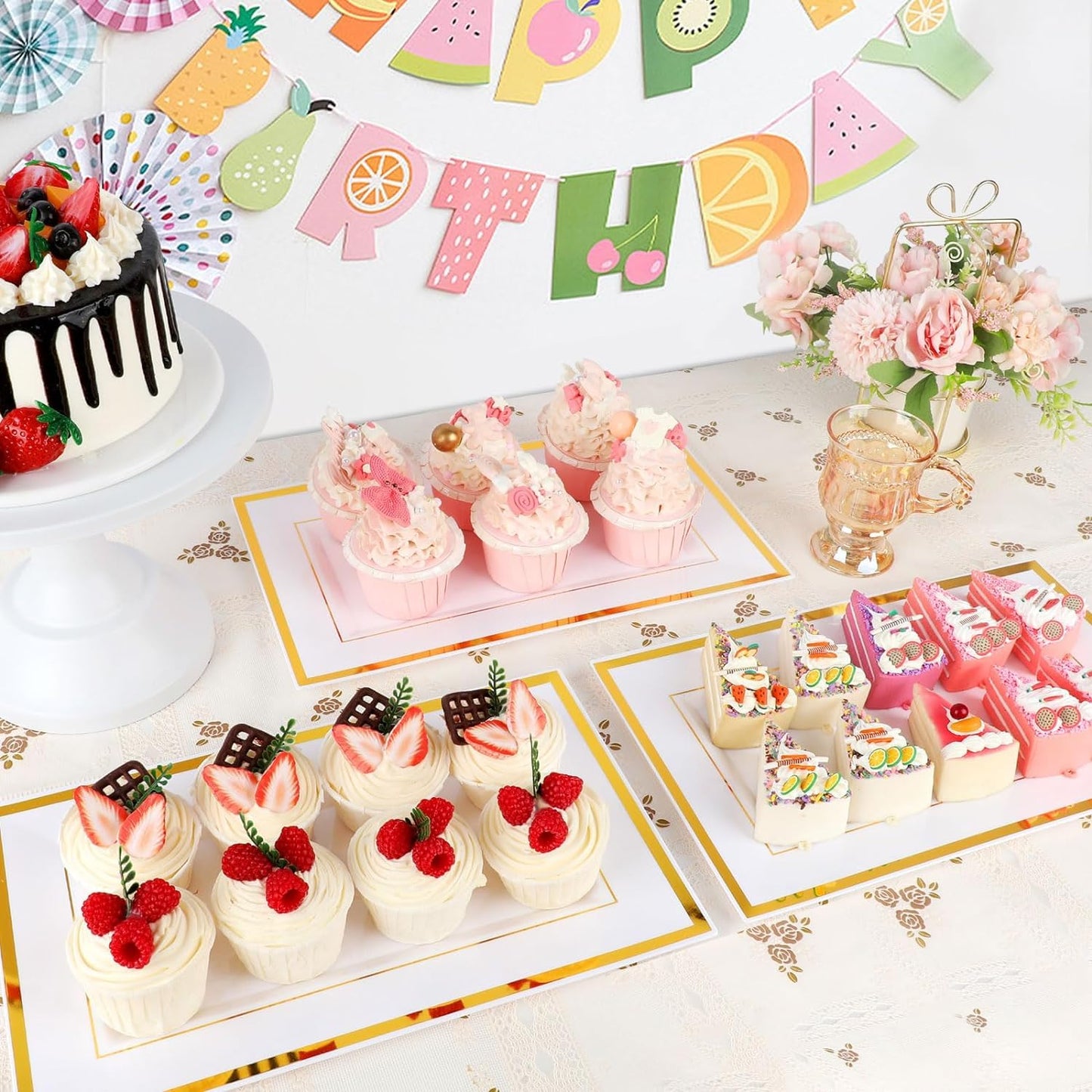 12 Pcs White Plastic Serving Trays with Gold Rim, 14''x9'' Rectangle Dessert Trays for Dessert Table, Disposable Platters Cookie Cupcake Gold Serving Tray for Birthday Party Wedding