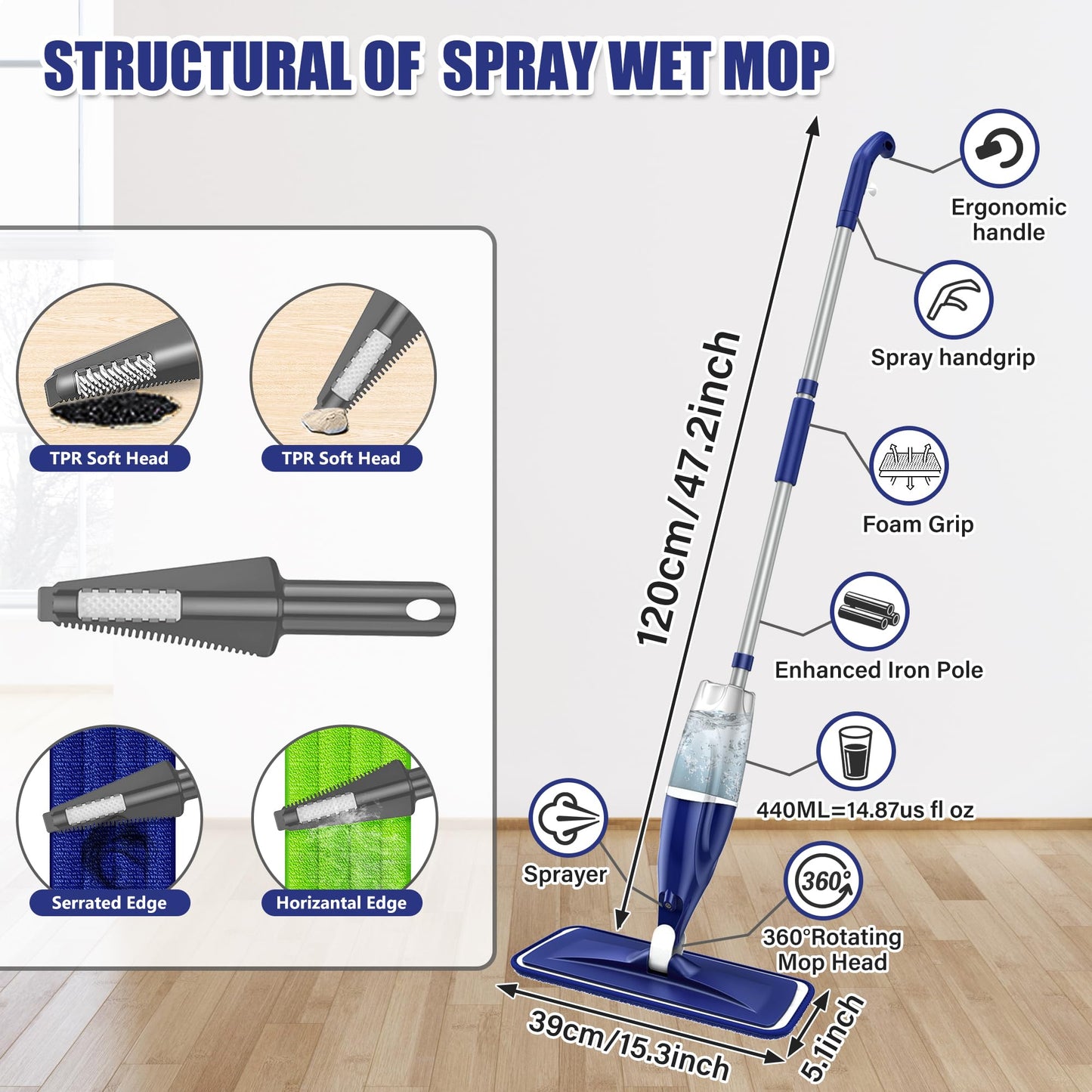 Spray Floor Mops with 3 Reusable Washable Pads for Cleaning Floors - EXEGO Microfibre Floor Mop with Spray Wet Dry Mops Household Flat Mop for Cleaning Laminate Tile Wood Hardwood Ceramic Vinyl