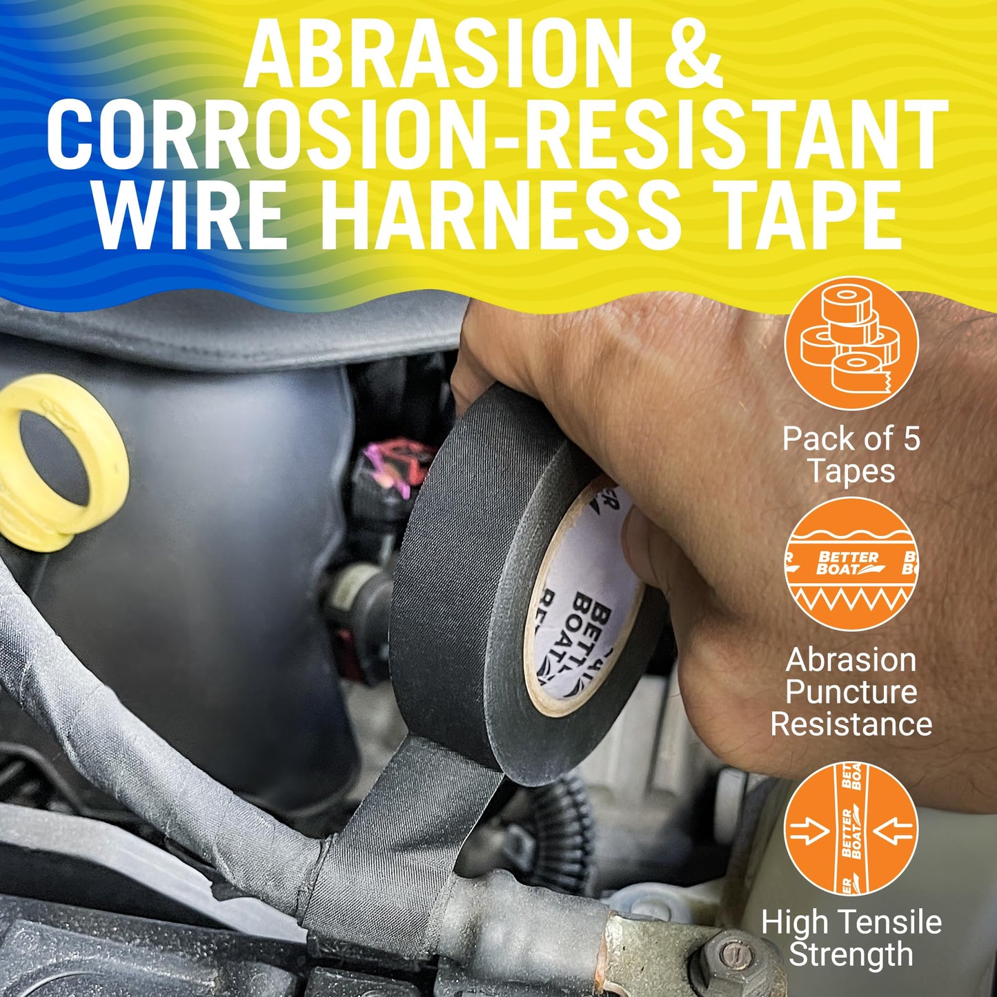 5pk Wire Harness Tape, Heat Resistant Loom Fabric Wrap, High-Temperature Cloth Electrical Wiring, 3/4" x 50ft, Marine and Automotive Felt