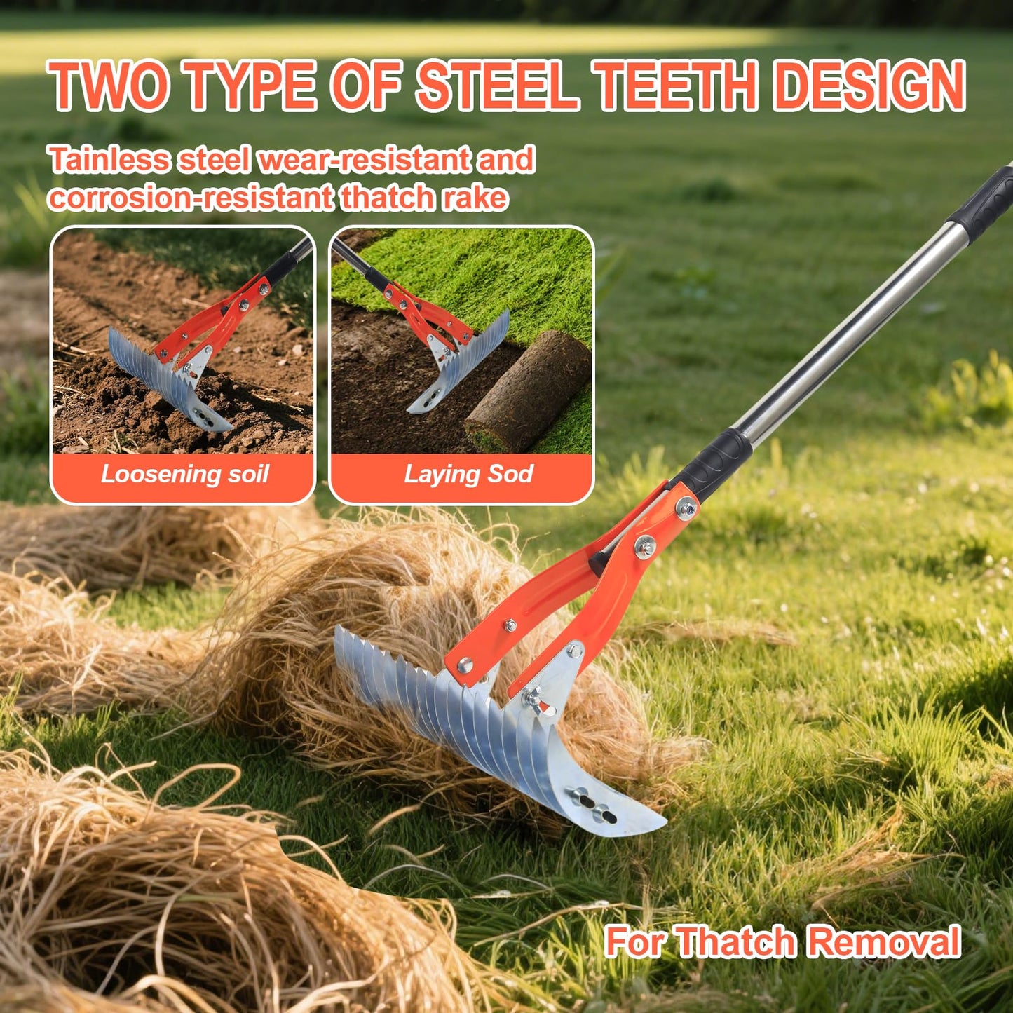 Thatch Rake for Lawns 15-Inch Lawn Dethatcher Rake with Adjustable Handle Heavy Heavy Duty with 5FT Handle, 70’’ for Leaves, Dethatching, Soil Turning, Gloves, Storage Bag