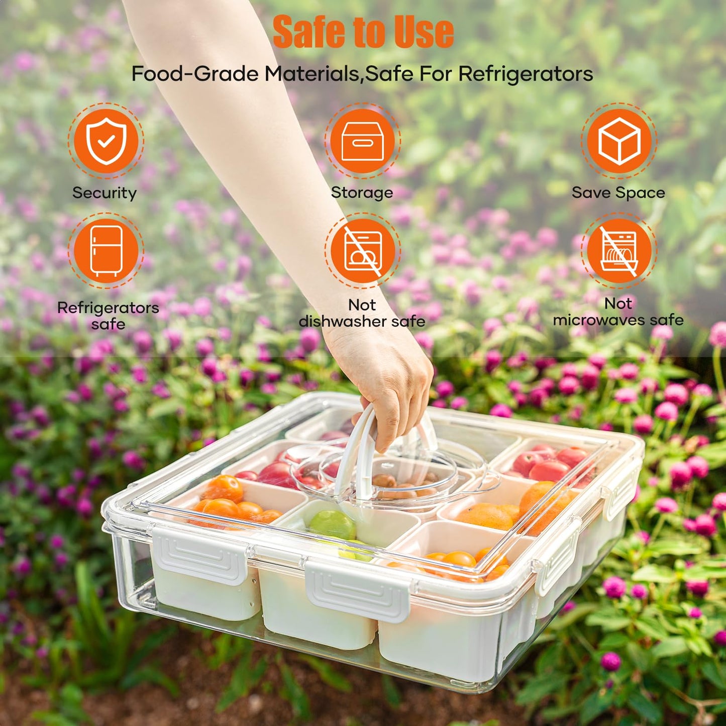 Divided Snackle Box - 9 Compartments Serving Tray with Lid & Handle - Clear Snack Container for Fruits, Candy & Nuts - Suitable for Travel, Parties & Daily Use (9 Inside Containers Dishwasher Safe)