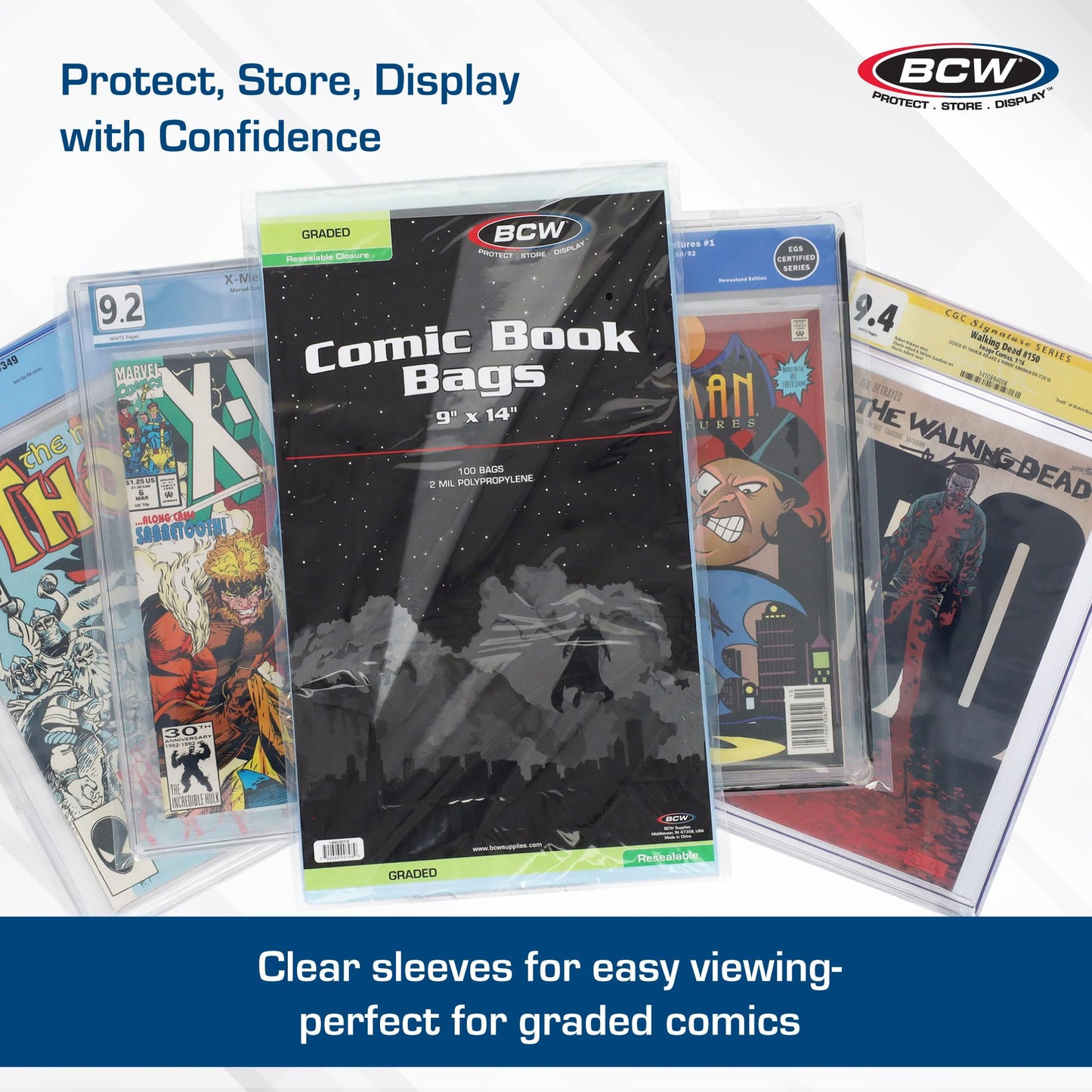 BCW Resealable Graded Comic Book Bags - Pack of 100 | Crystal Clear Polypropylene Sleeves for CGC and CBCS Slabs | Acid-Free, Archival Quality Resealable Comic Book Protectors - 9x14