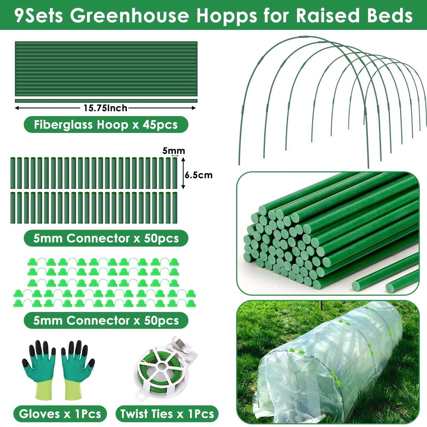 45 Pcs Greenhouse Hoops for Raised Beds, 9 Sets Garden Hoops Grow Tunnel Rust-Free Fiberglass Hoop House Kit, Plant Support Garden Stakes Hoops Frame for Netting Shade Cloth Row Cover Garden Supplies
