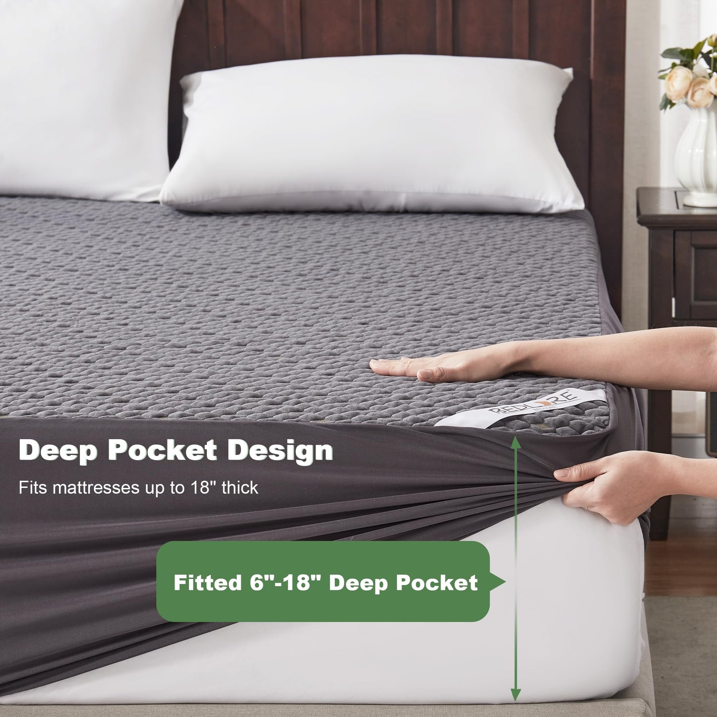 BEDLORE Queen Mattress Protector, Waterproof Mattress Cover Fitted 6-18 Inch Deep Pocket, Breathable and Noiseless Mattress Pad Machine Washable for Home, Bedroom, Hotel