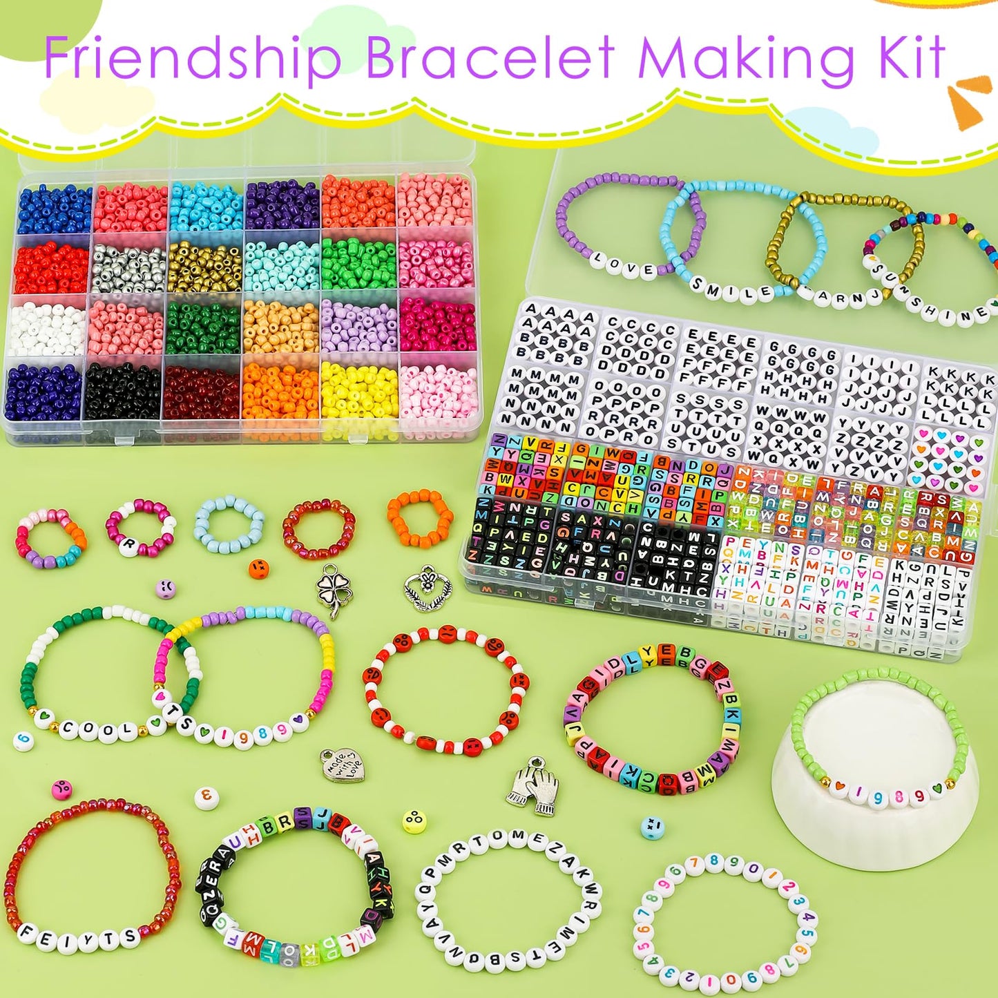 5500pcs Bracelet Making Kit,4 mm Glass Seed Beads and Letter Alphabet,Expression beads, number beads and other Craft Beads, For friendship bracelets, necklaces, key chains