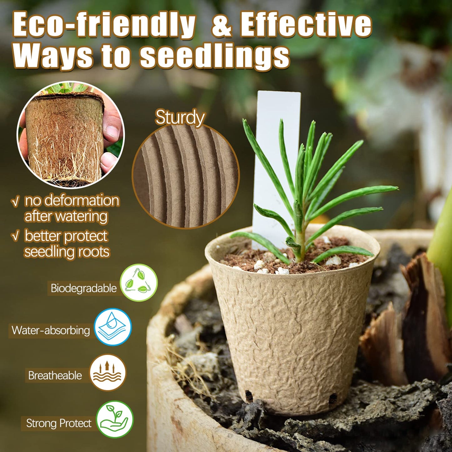 102 Pack Peat Pots for Seedlings, 3.15 Inch Biodegradable Planting Pot for Seedlings, Garden Plant Seed Starter Pots with Drainage Holes Peat Pot for Organic Vegetable Flower, Bonus 50 Plant Labels