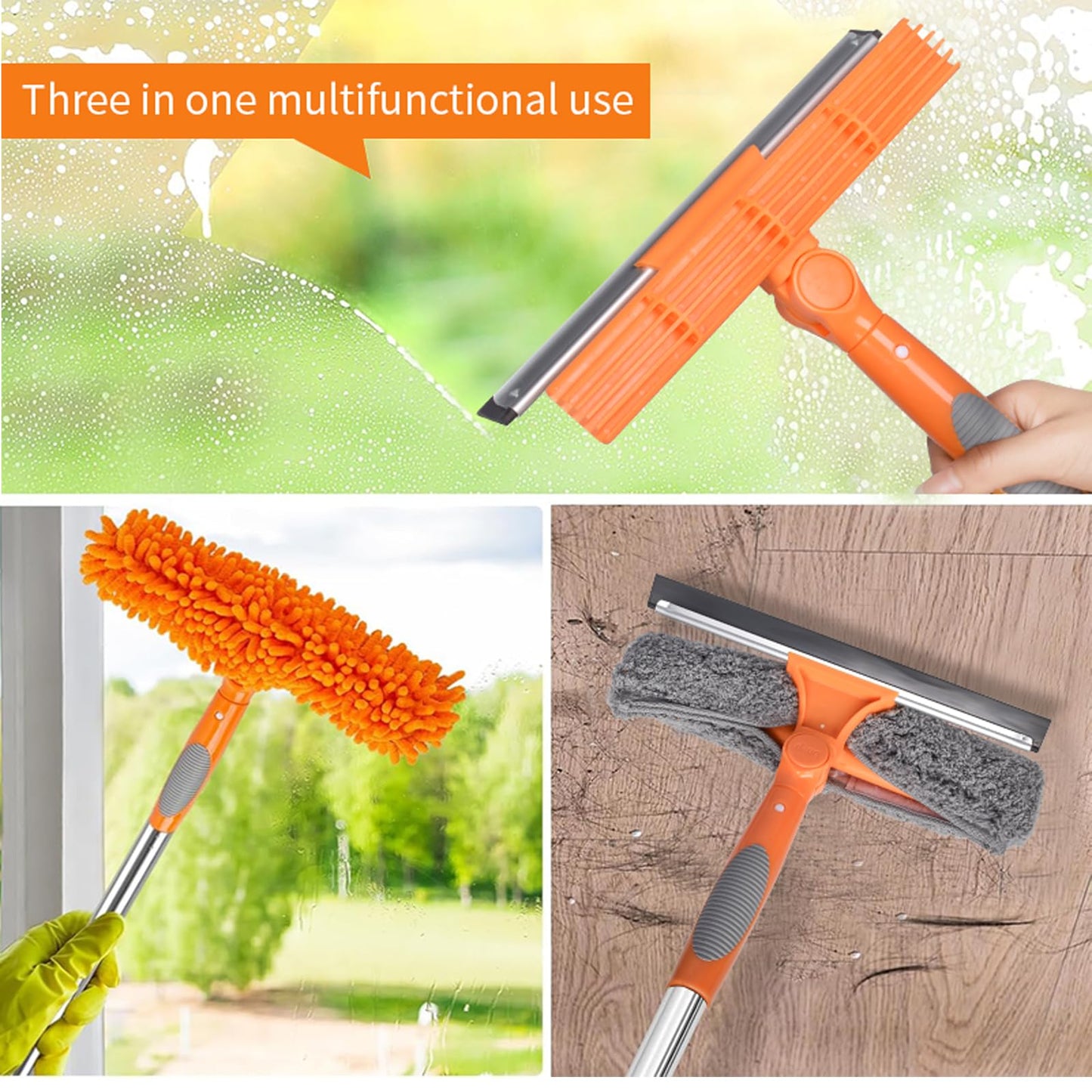 2 in 1 Window Cleaning Tools Squeegee, Double-Sided Professional Cleaner Rotatable Window Kit with Long Handle Pole 20+ Ft, Chenille Microfiber Duster Pads Scrubber for Indoor Outdoor High Glass