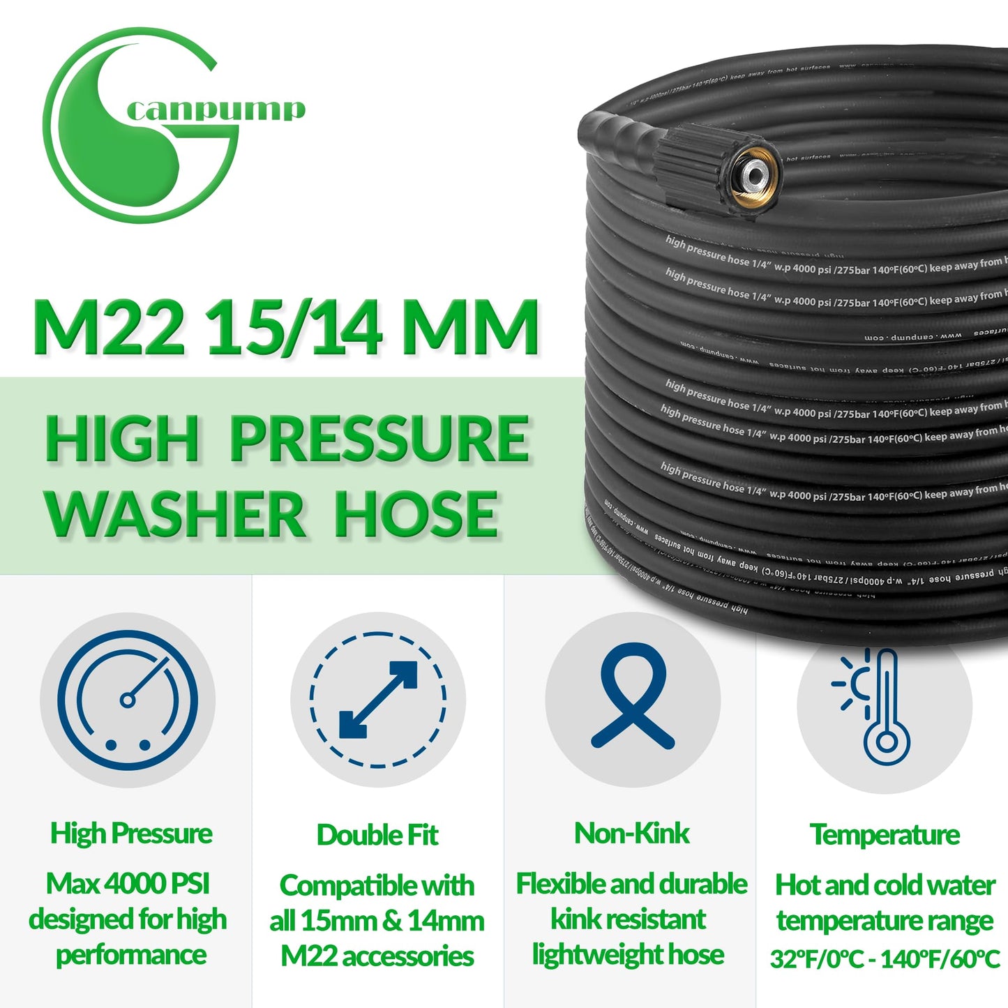 Canpump 1/4-in Cold Water Black Hose, 4000 psi, M22 Connector, 30 ft