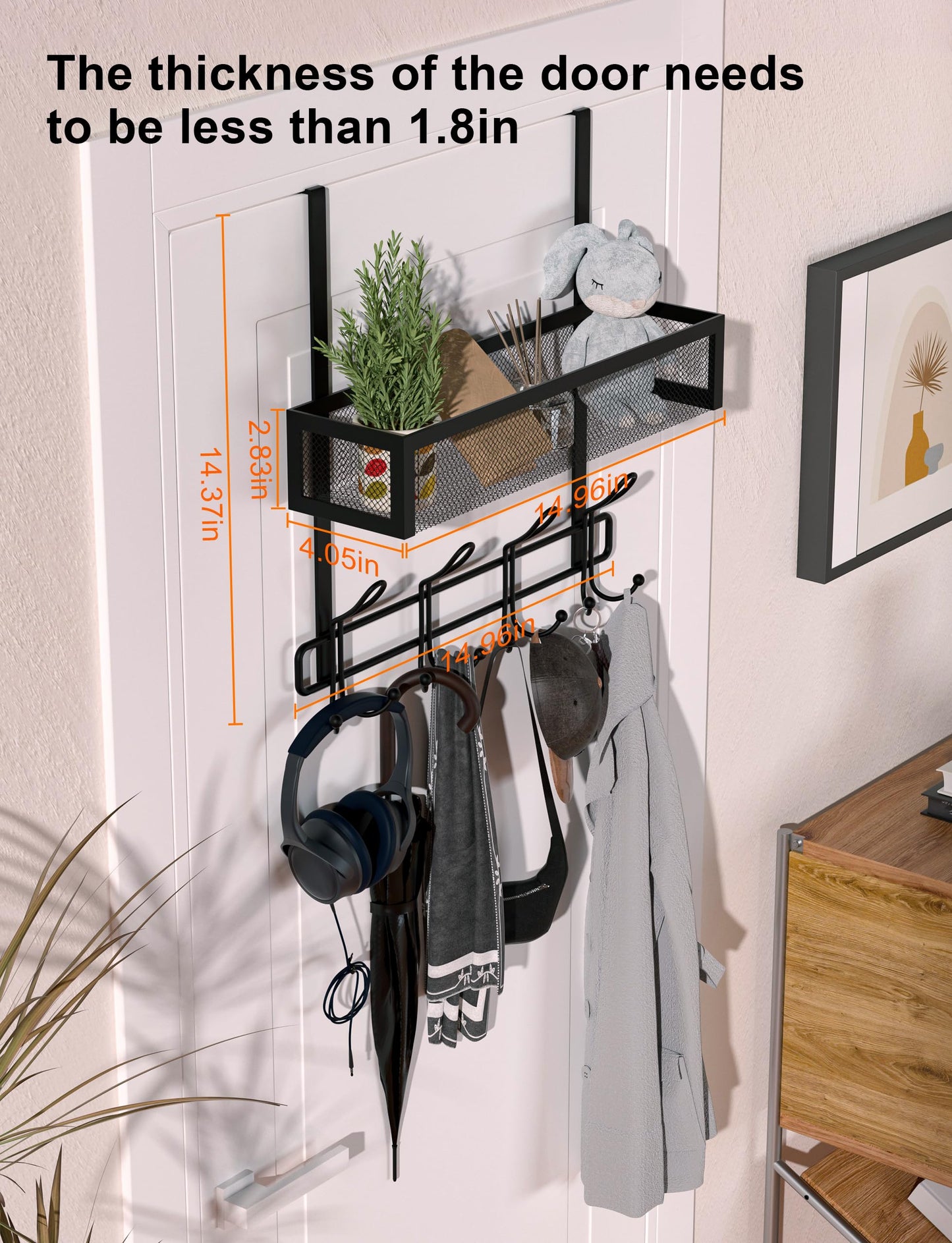 Over The Door Hooks Organizer Storage - Over The Door Hanger for Coat Rack, Over Door Storage with 12 Hooks & 2 Mesh Baskets, for Bathroom,Bedroom,Kitchen,Office (Single Basket)