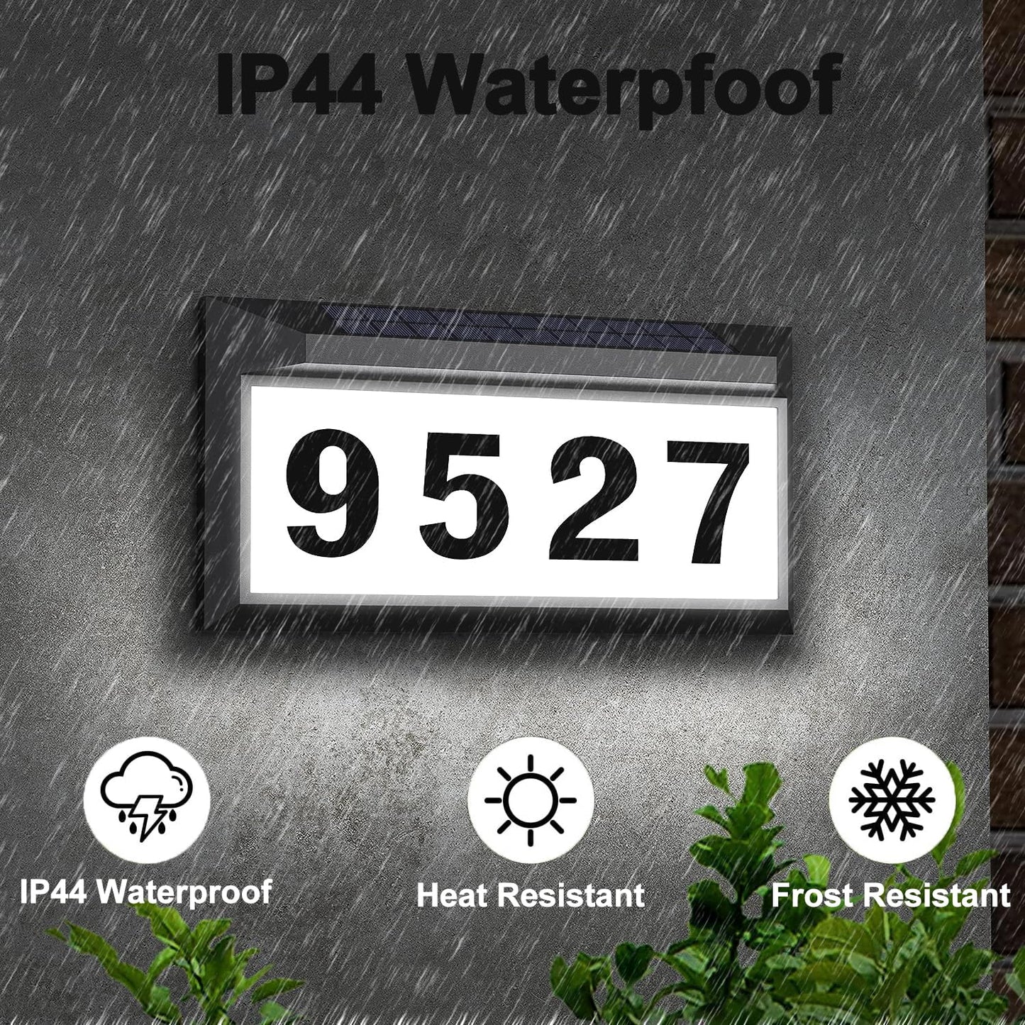 CcBear show Solar LED House Number Sign, White, Modern Style, Solar Powered Address Plaque with 3 Modes Lighting, Auto On/Off, Waterproof, Suitable for Outdoor Use