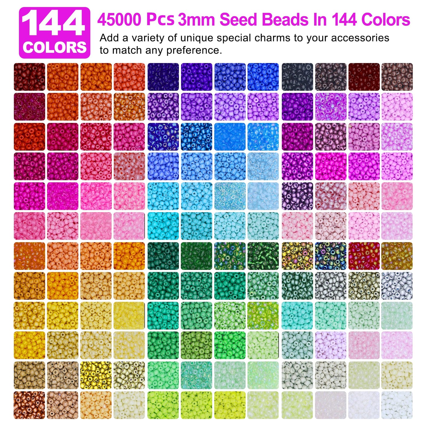 Redtwo 45000 Pcs 3mm Glass Seed Beads Kit, 7 Boxes 144 Colors Small Beads for Bracelets, Friendship Bracelet Kit with Charms and Letters, DIY Art Craft Girls Gifts
