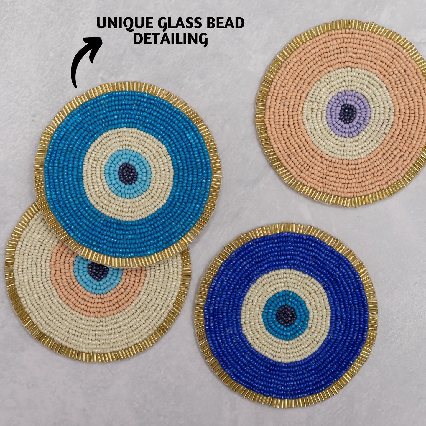 Folkulture Beaded Coasters for Drinks | Set of 4 (4") Round Decorative Bar Coasters for Table Décorations | Cute Boho Coaster Set for Cocktail | Modern Coaster | Evil Eye Gifts for Her