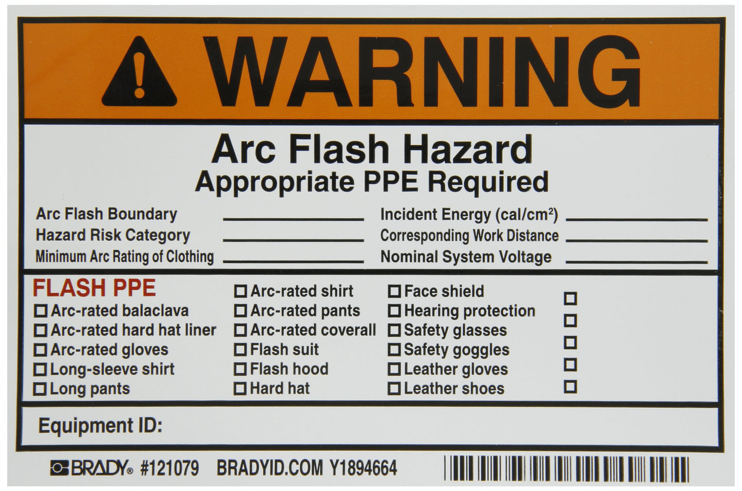 Brady 121079 Vinyl Write-On Arc Flash Labels (Warning), 4" Height X 6" Width, Legend "Warning Arc Flash and Shock Hazard Appropriate PPE Required Flash Protection Boundary" (5 Labels Per Package)