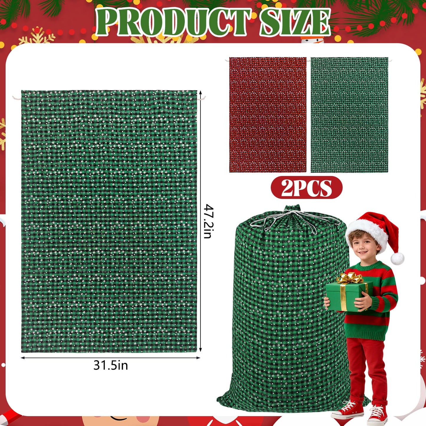 2PCS 47"×32" Jumbo Christmas Drawstring Gift Bags Extra Large Cotton Christmas Buffalo Plaid Drawstring Gift Bags Santa Sack with Drawstring for Xmas Huge Gifts Giving and Christmas Party Decor