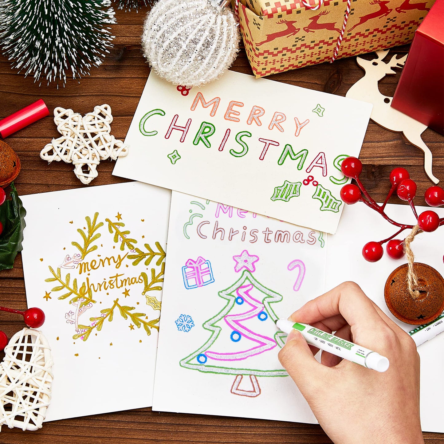 Shuttle Art Double Line Outline Markers, 28 Colors Squiggles Shimmer Markers Set, Self Outline Metallic Marker Pens for Art, Drawing, Doodling, Card Making, Christmas Greeting Card, DIY Crafts