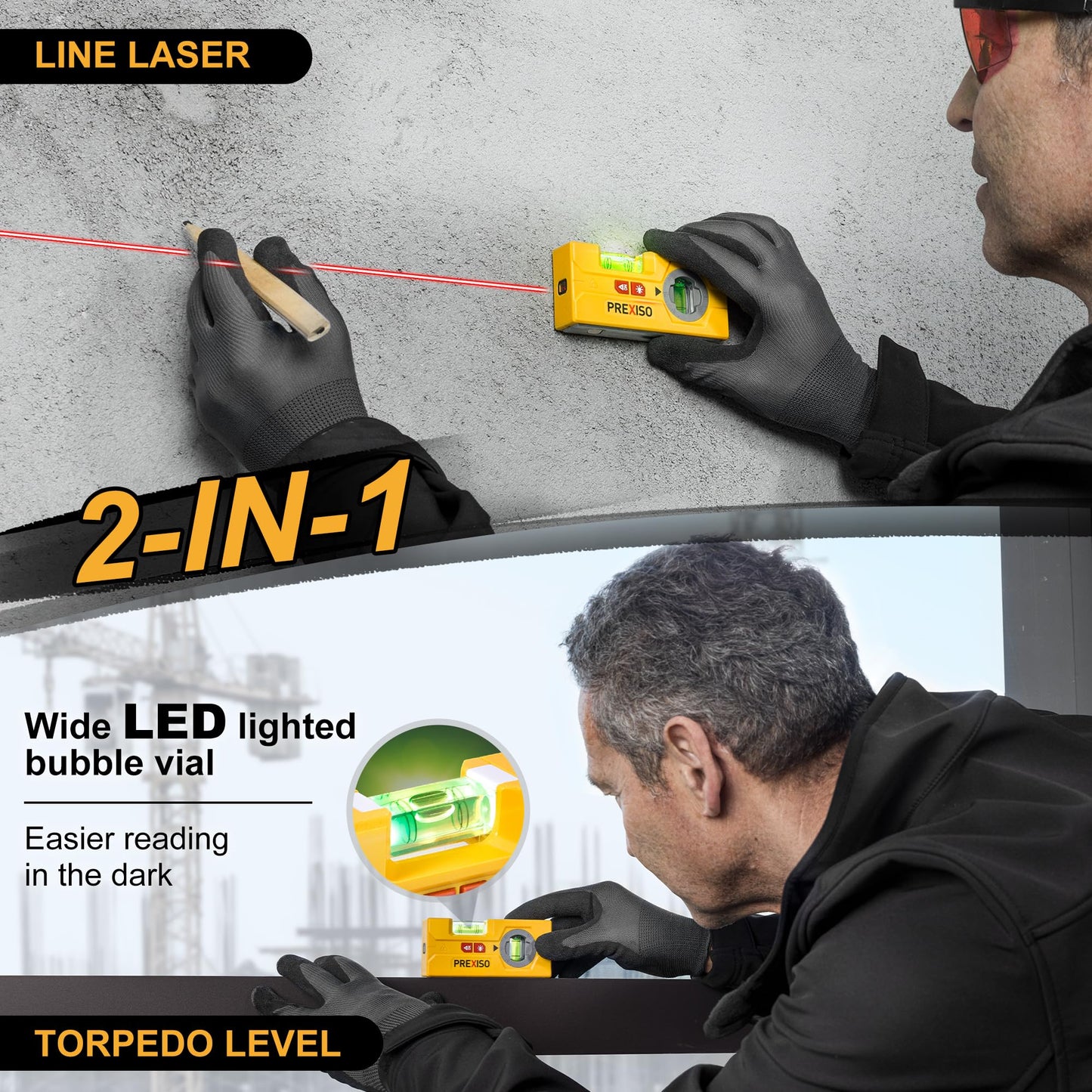 PREXISO 2-in-1 Line Laser Level – Mini Torpedo Level with Rotatable Magnetic Pocket, 30Ft Laser Line Leveler Tool for Picture Hanging, Wall Marking, Painting & Home Renovation