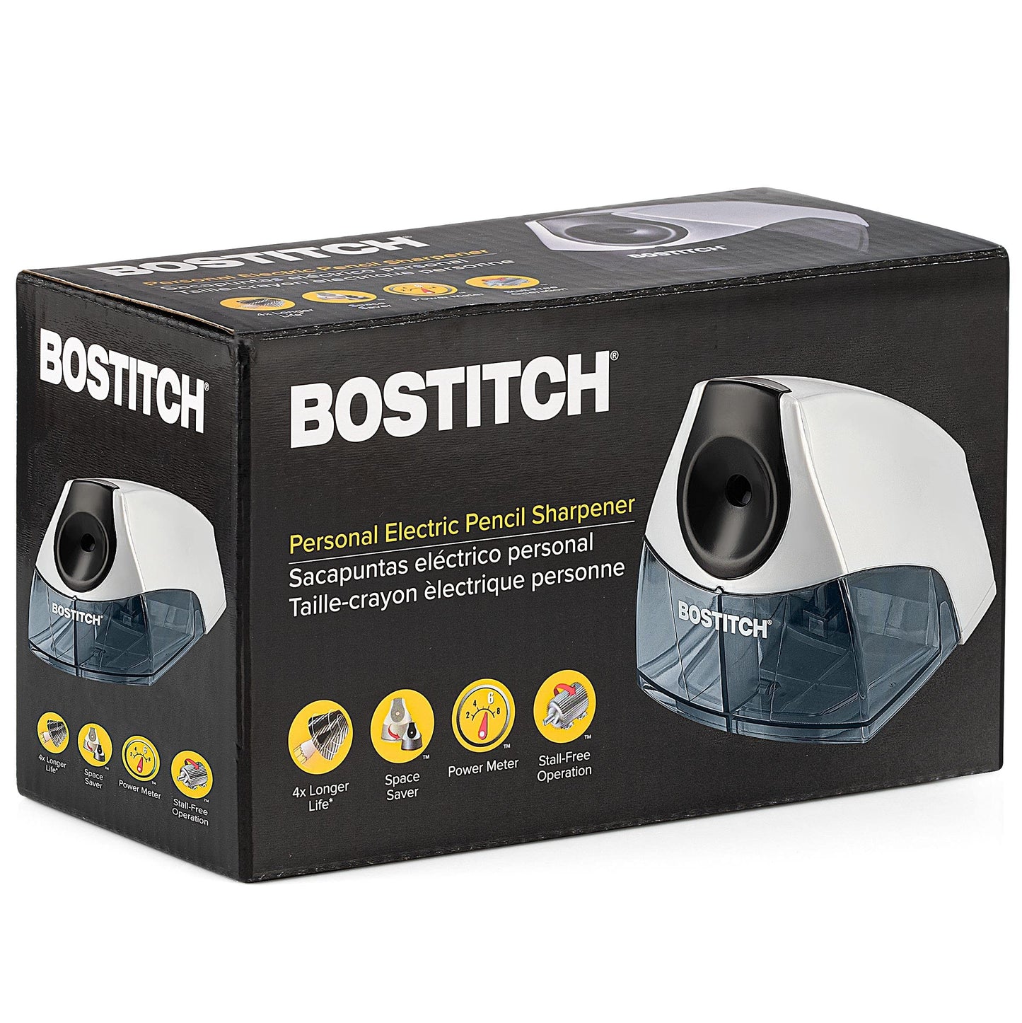 Bostitch Office Personal Electric Pencil Sharpener, Powerful Stall-Free Motor, High Capacity Shavings Tray, Black (EPS4-BLKSLV)