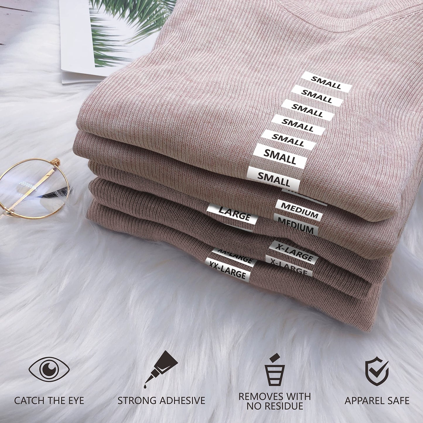 1750 PCS Clear Clothing Size Strip Labels, Tear-Resistant, Residue-Free, Black and White Fonts, 250 Strips Per Roll (7 Rolls, 1.25" X 5")