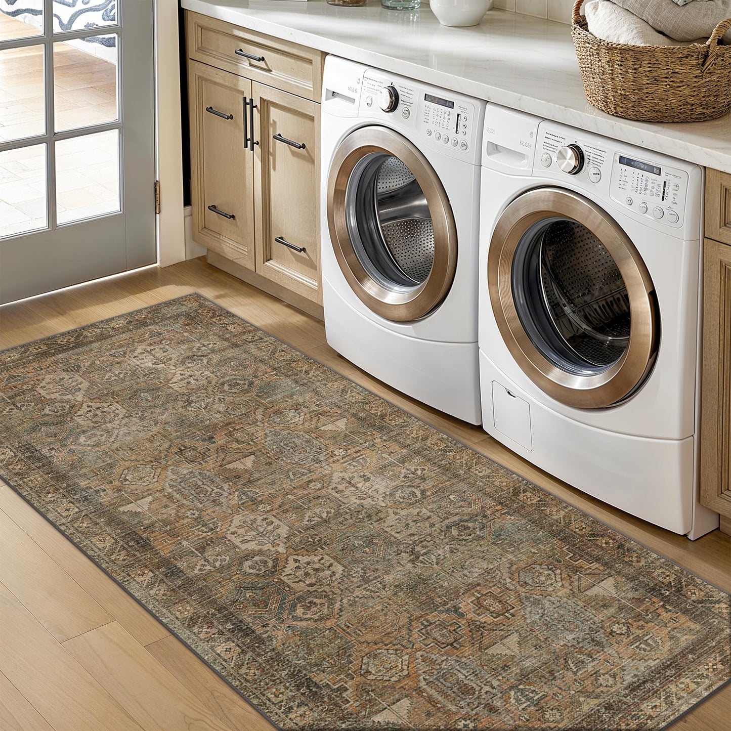 Bavni 2x5 Runner Rugs for Hallways Kitchen Entryway, Washable Runner Rug Vintage Distressed Print Carpet, Ultra-Thin Chenille Low Pile Lightweight Rug with Non Slip Backing, Sepia