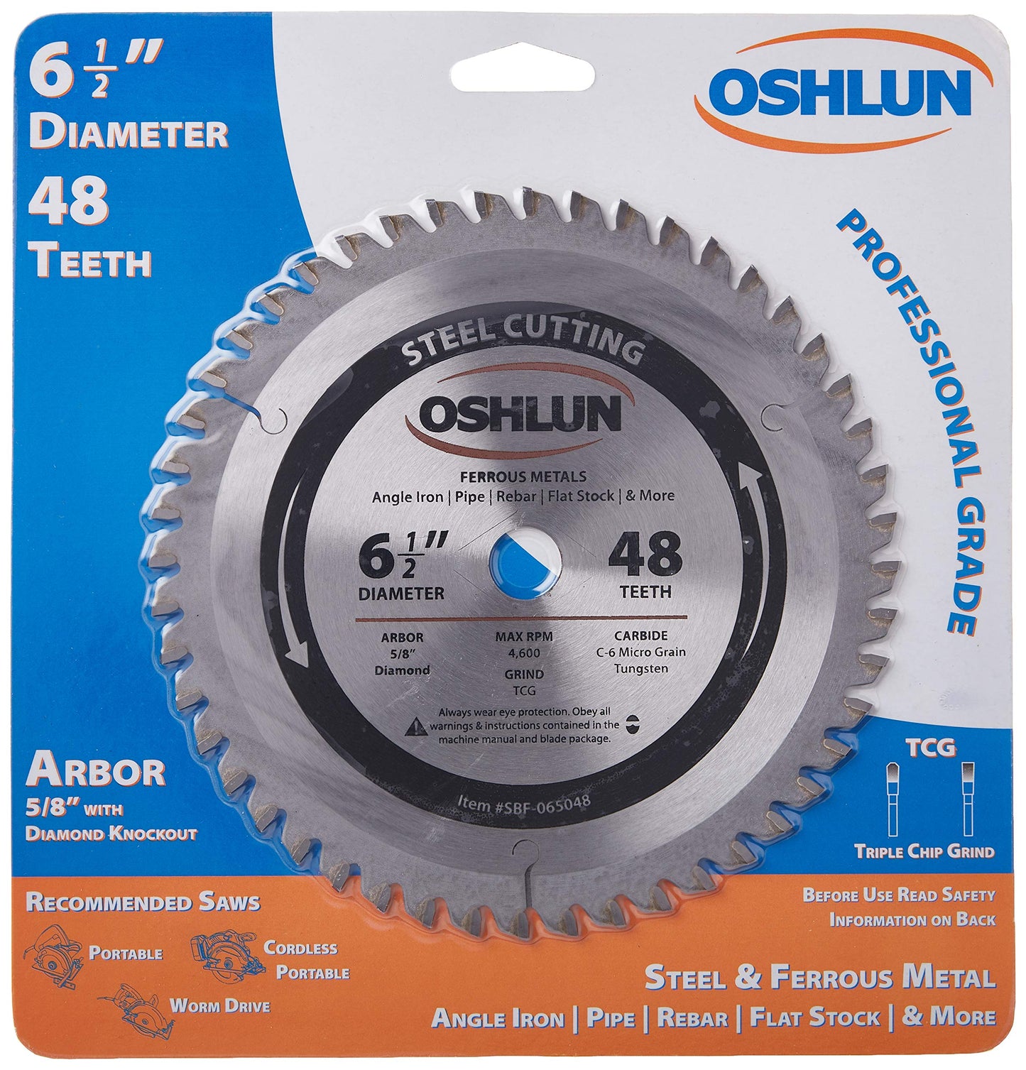Oshlun SBF-065048 6-1/2-Inch 48 Tooth TCG Saw Blade with 5/8-Inch Arbor (Diamond Knockout) for Mild Steel and Ferrous Metals
