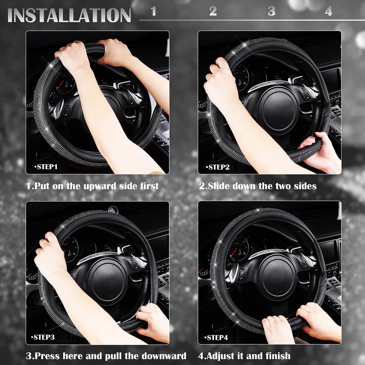 CAR PASS Diamond Black Leather Steering Wheel Cover, with Bling Crystal Rhinestones Universal Fit 14" 1/2-15" Crystal Glitter for Women Sparkle Girl Fit Suvs,Vans,Sedans,Cars,Trucks, White Diamond